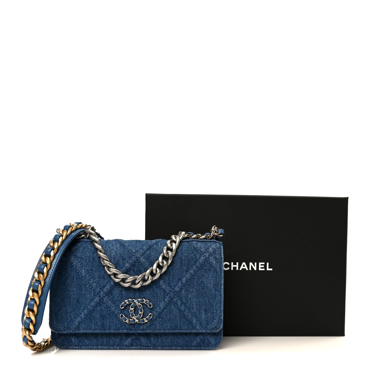 Denim Quilted Chanel 19 Wallet On Chain WOC Blue