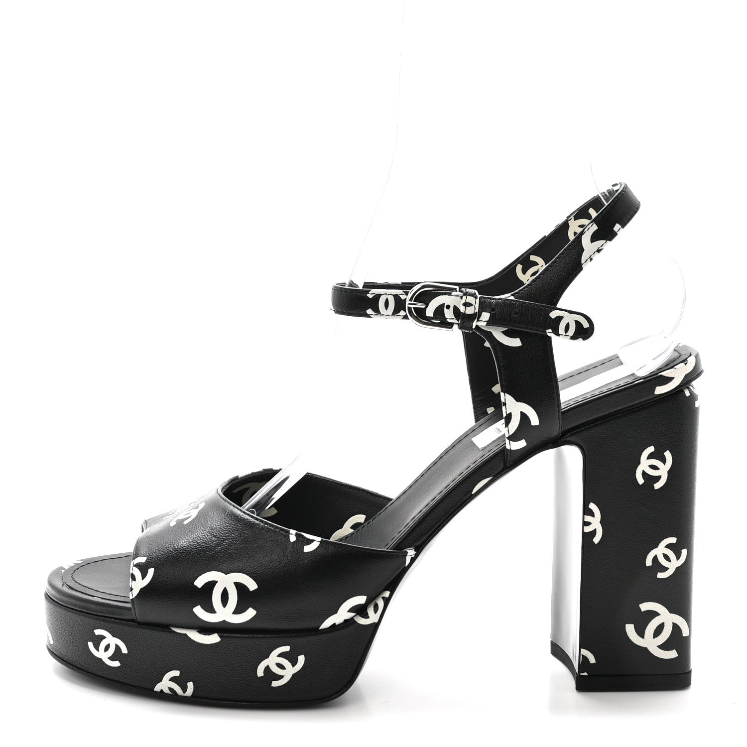 Printed Lambskin CC Platform Sandals 41 Black White