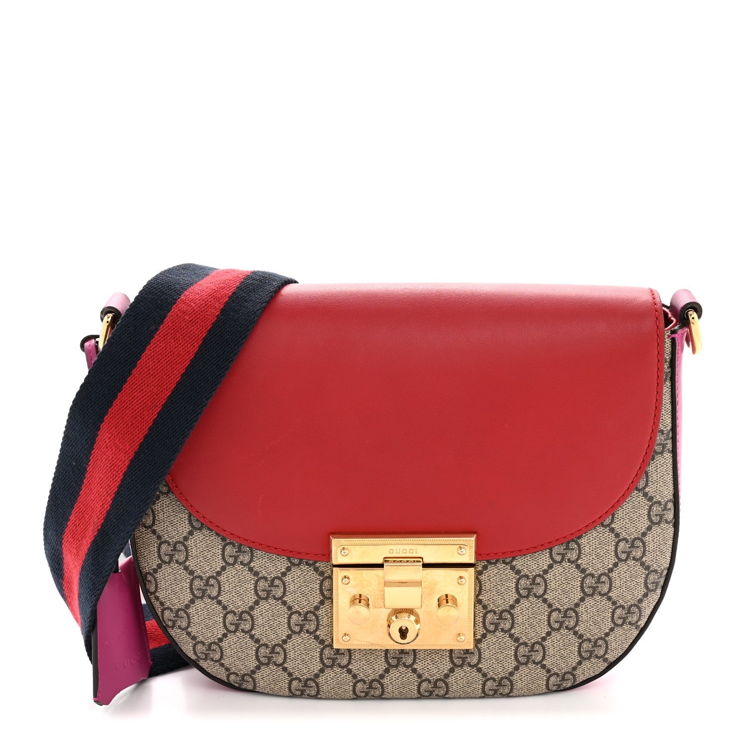 GG Supreme Monogram Calfskin Web Medium Padlock Messenger Shoulder Bag Beige Hibiscus Red New Rosette