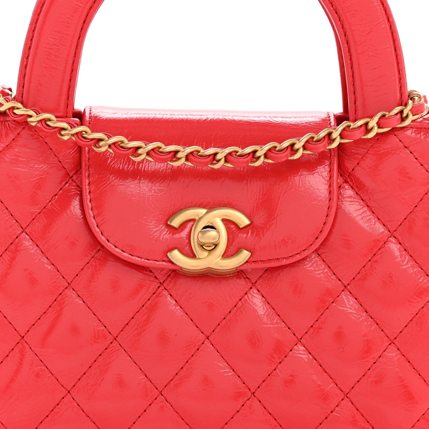 Shiny Aged Calfskin Quilted Nano Kelly Shopper Red