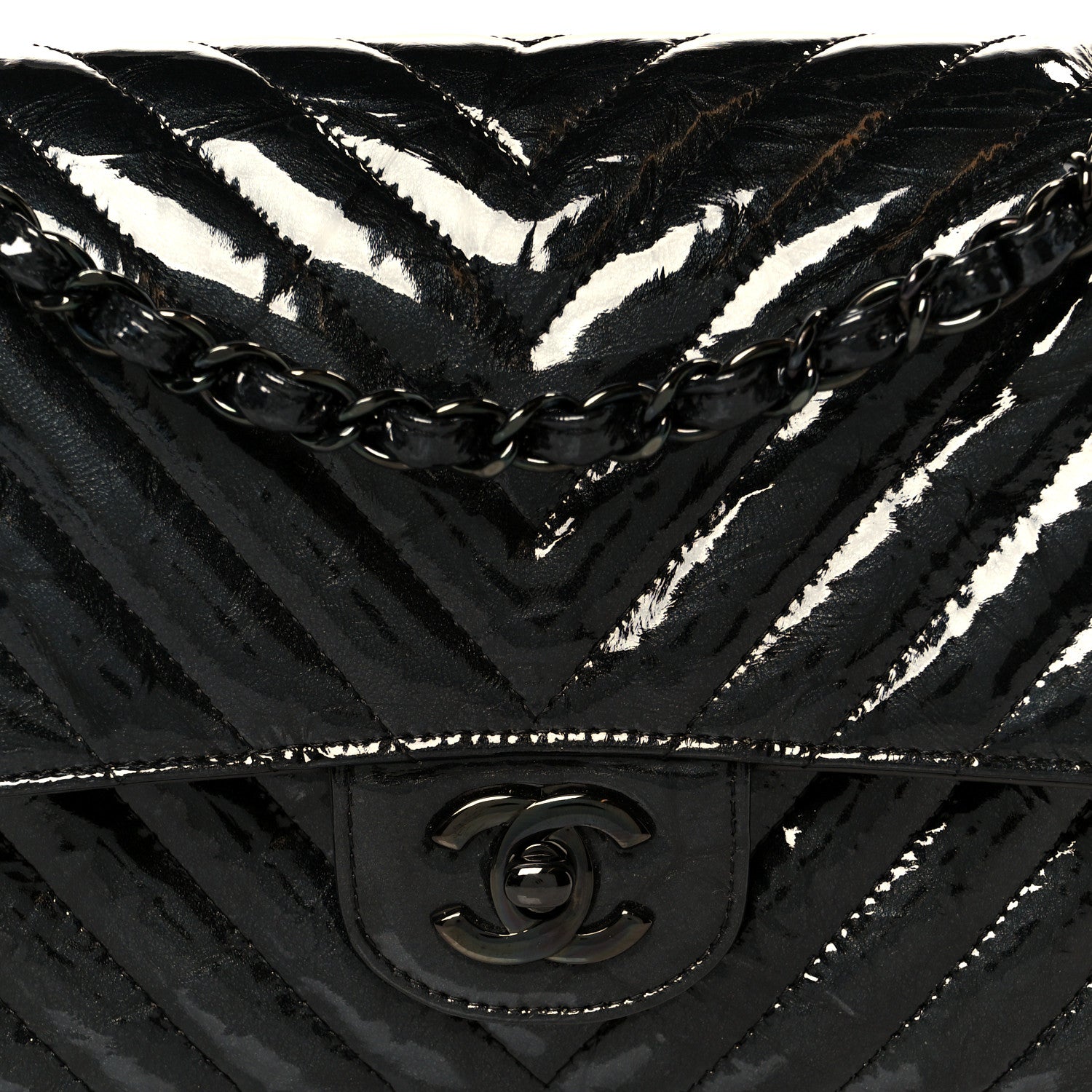 Metallic Patent Crumpled Calfskin Chevron Quilted Medium Double Flap So Black
