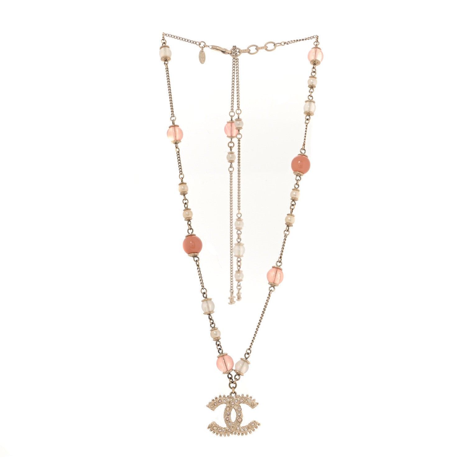 Beaded Pearl Crystal CC Long Necklace Gold Coral
