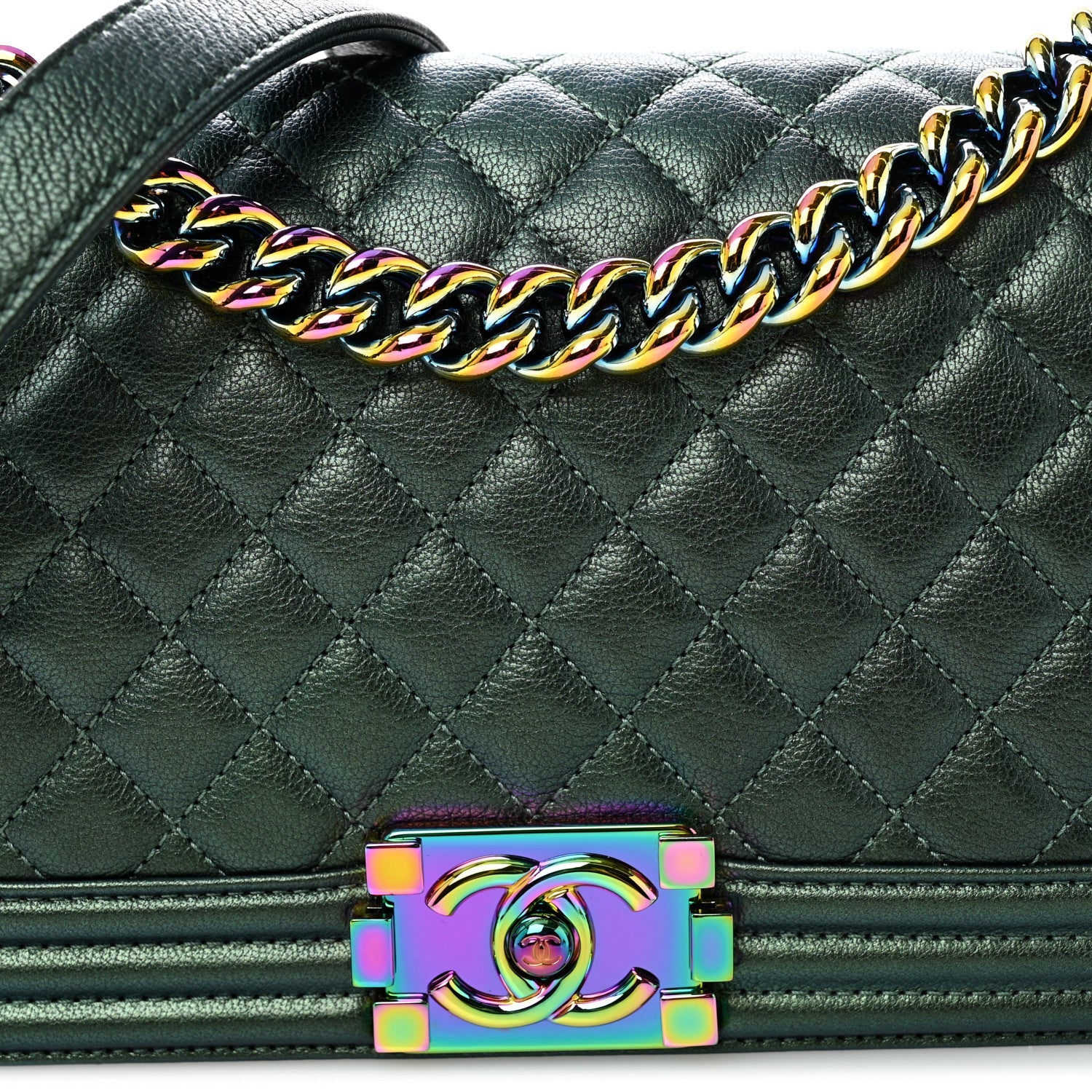 Iridescent Goatskin Quilted Medium Boy Flap Green