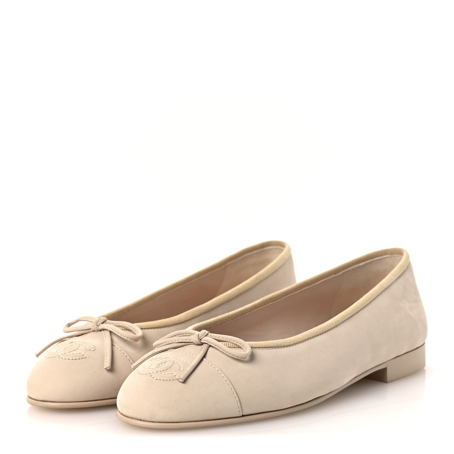 Suede Calfskin Cap Toe CC Ballerina Flats 36 Beige