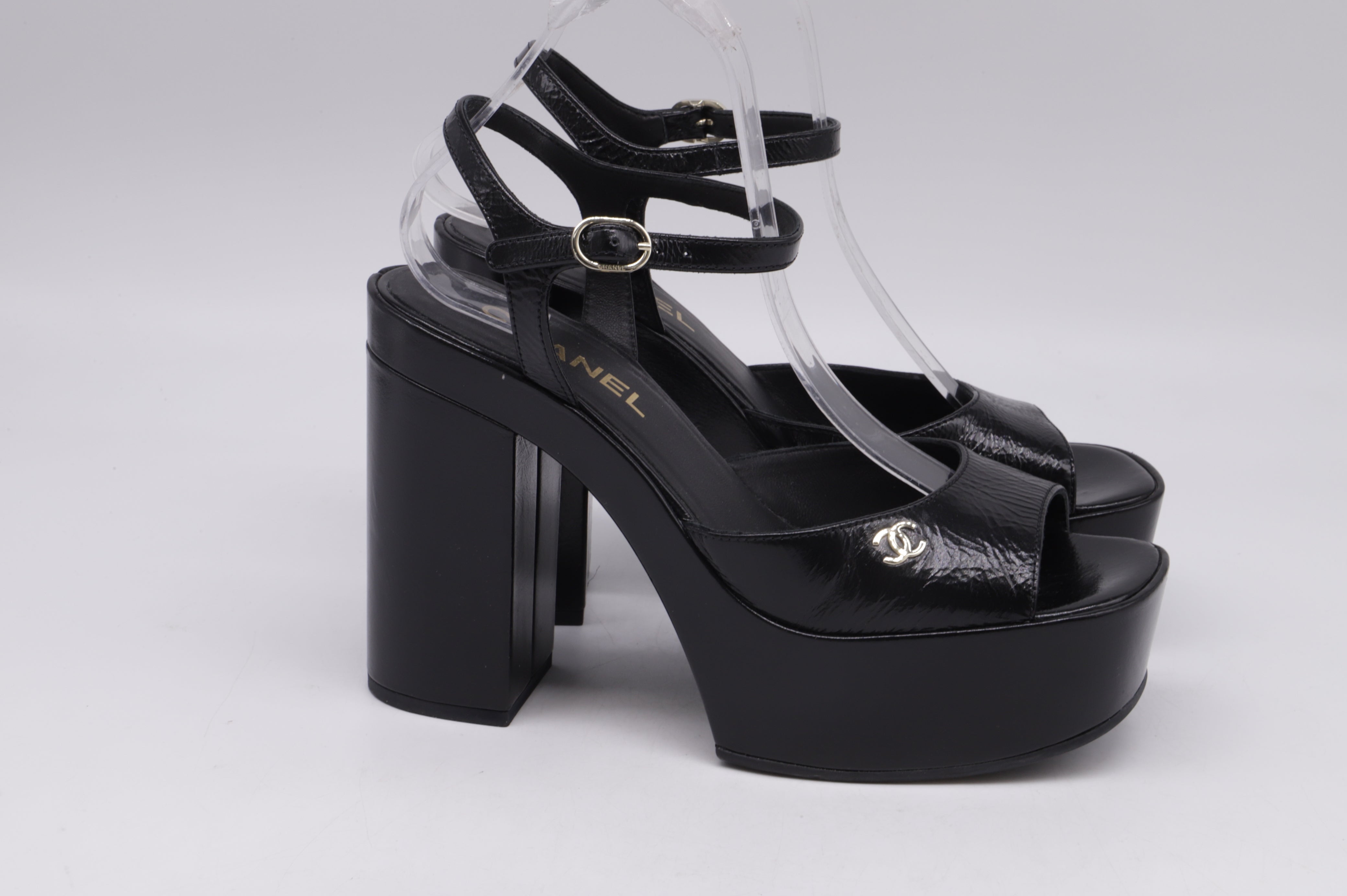 Women's Chanel CC Ankle Strap Platform Sandals in Black Patent Leather