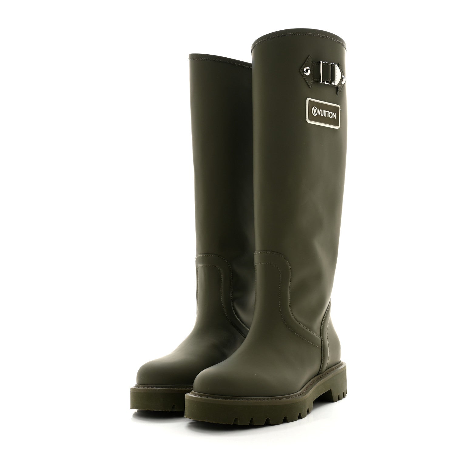 Rubber Calfskin Territory Flat High Boots 36 Khaki