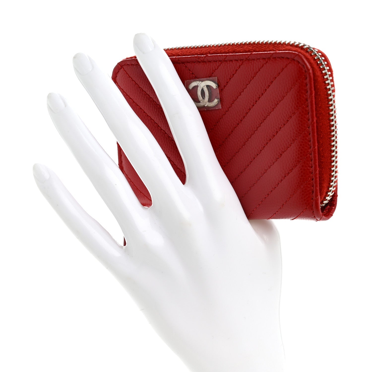 Caviar Chevron Quilted Zip Around Coin Purse Red