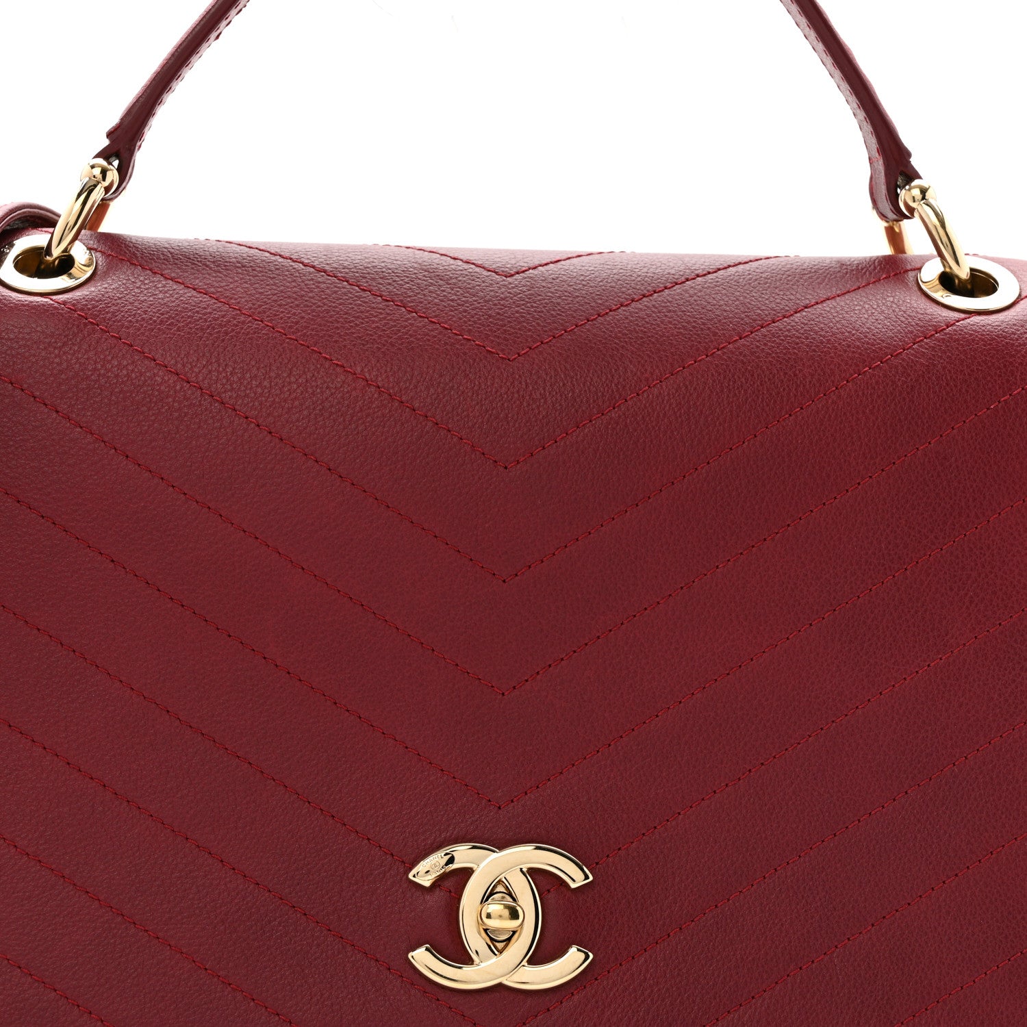 Grained Calfskin Stitched Chevron Medium Chic Top Handle Flap Red