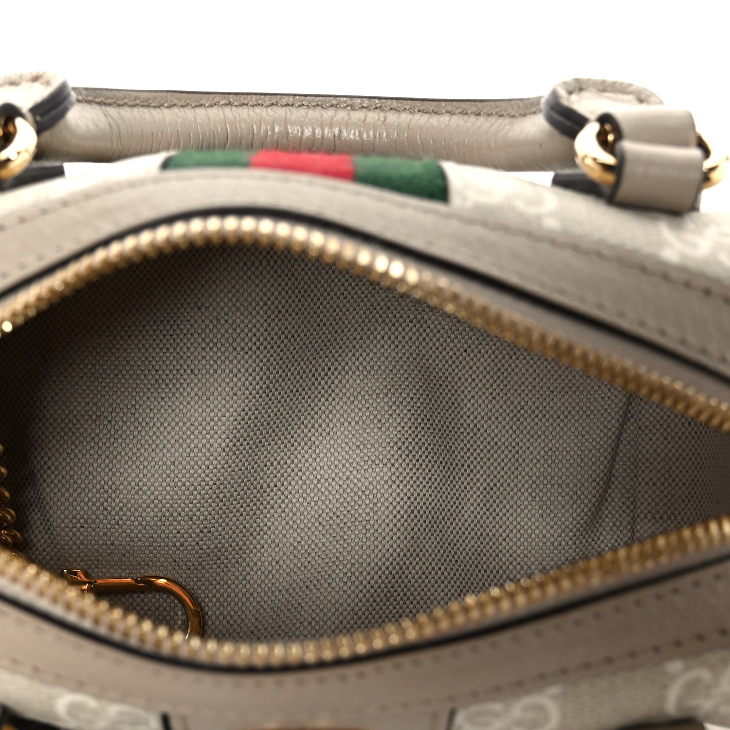 GG Supreme Monogram Textured Dollar Calfskin Web Super Mini Ophidia Top Handle Bowler Bag Beige Mystic White Oatmeal