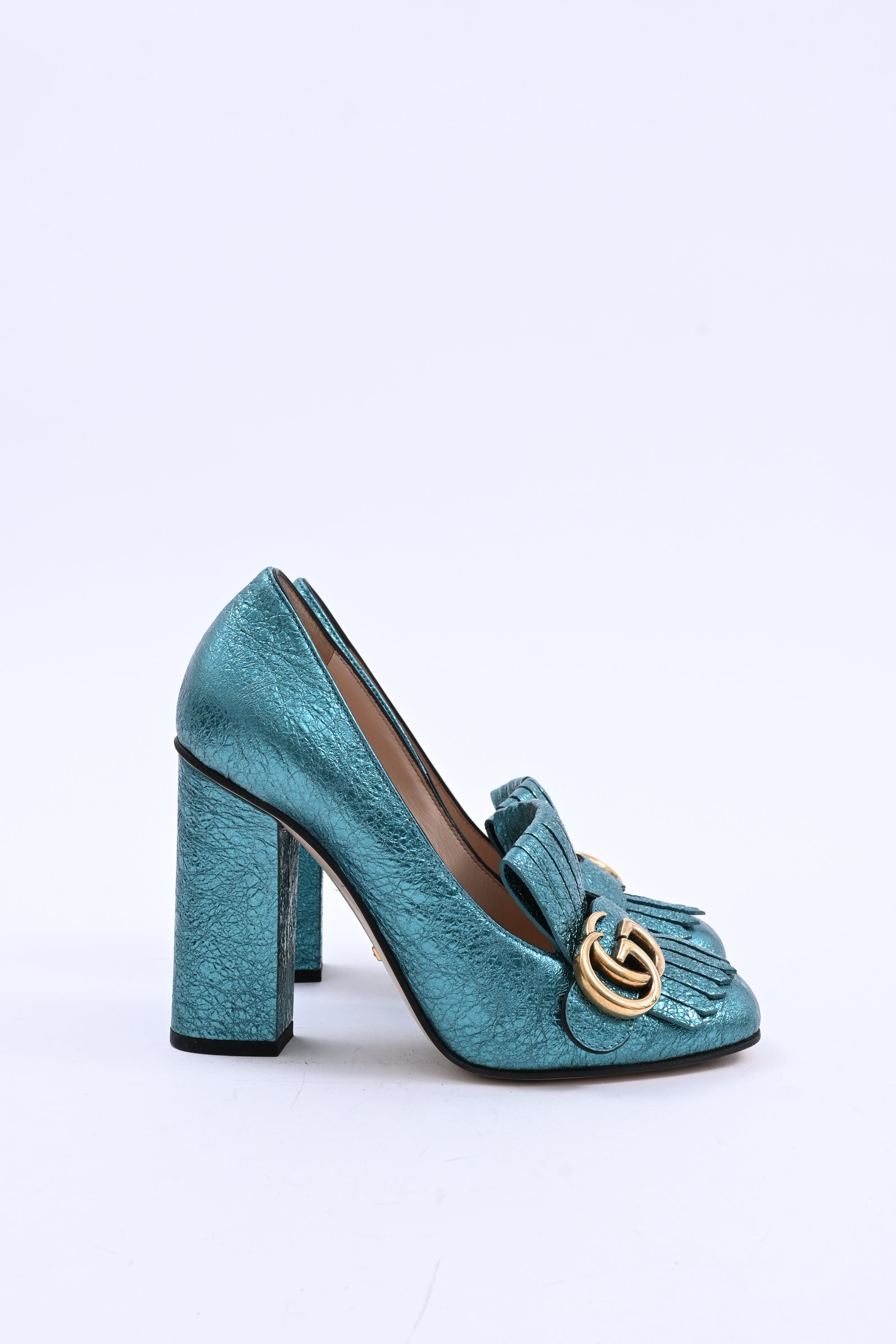 Women's Gucci Mimosa Marmont Heel Loafers in Turquoise Textured Leather