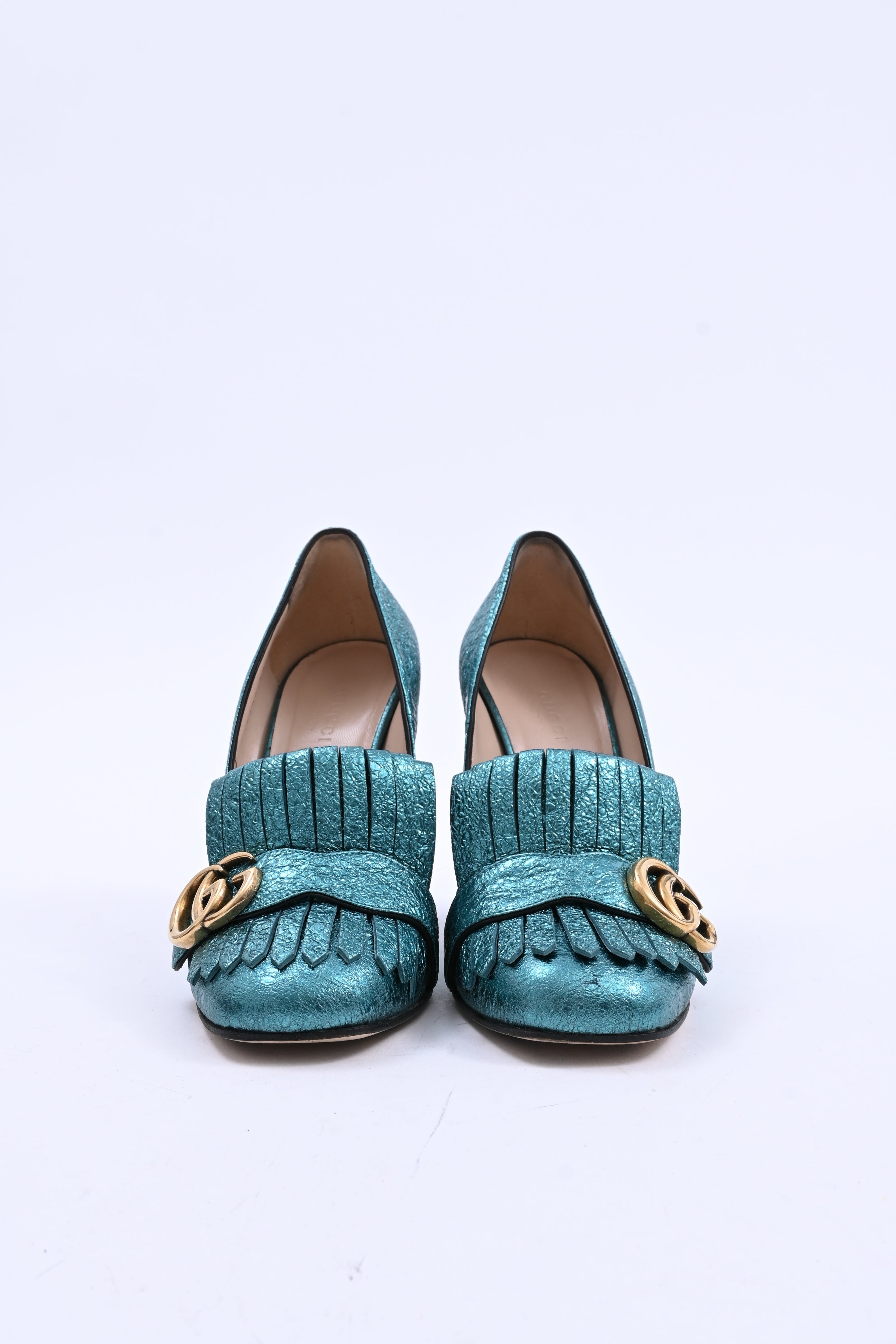 Women's Gucci Mimosa Marmont Heel Loafers in Turquoise Textured Leather
