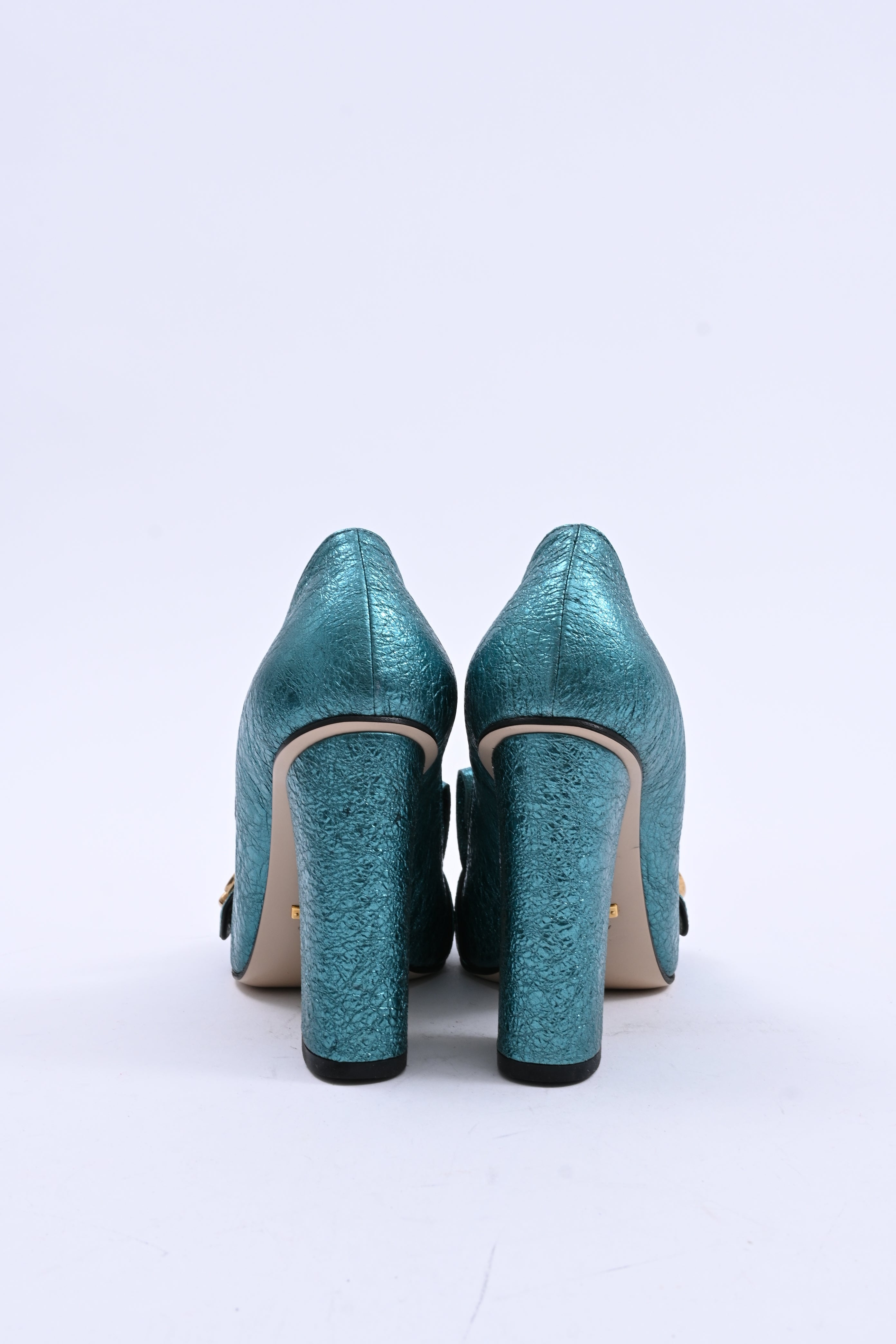 Women's Gucci Mimosa Marmont Heel Loafers in Turquoise Textured Leather