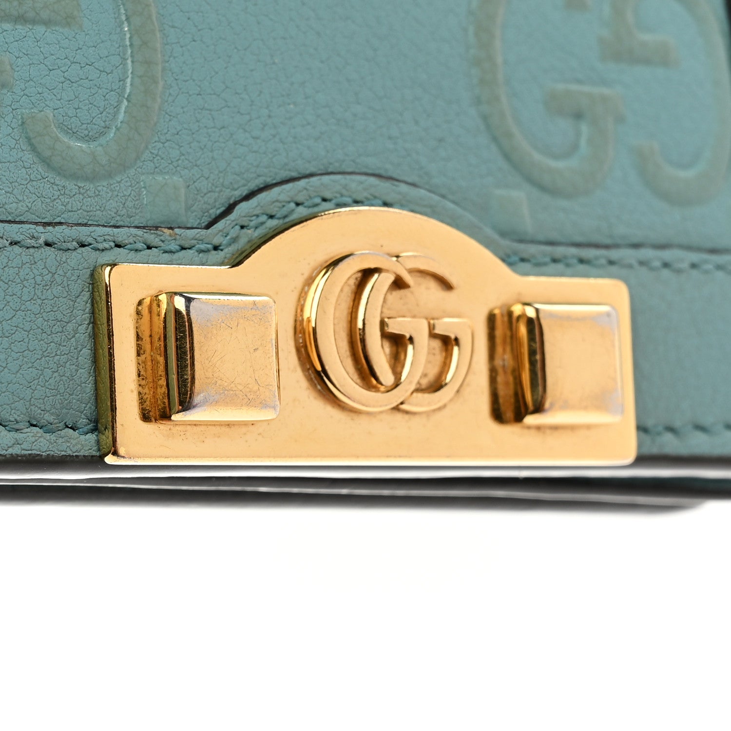 Wonka Grain Calfskin GG Monogram Embossed Card Case Wallet Dusty Azure