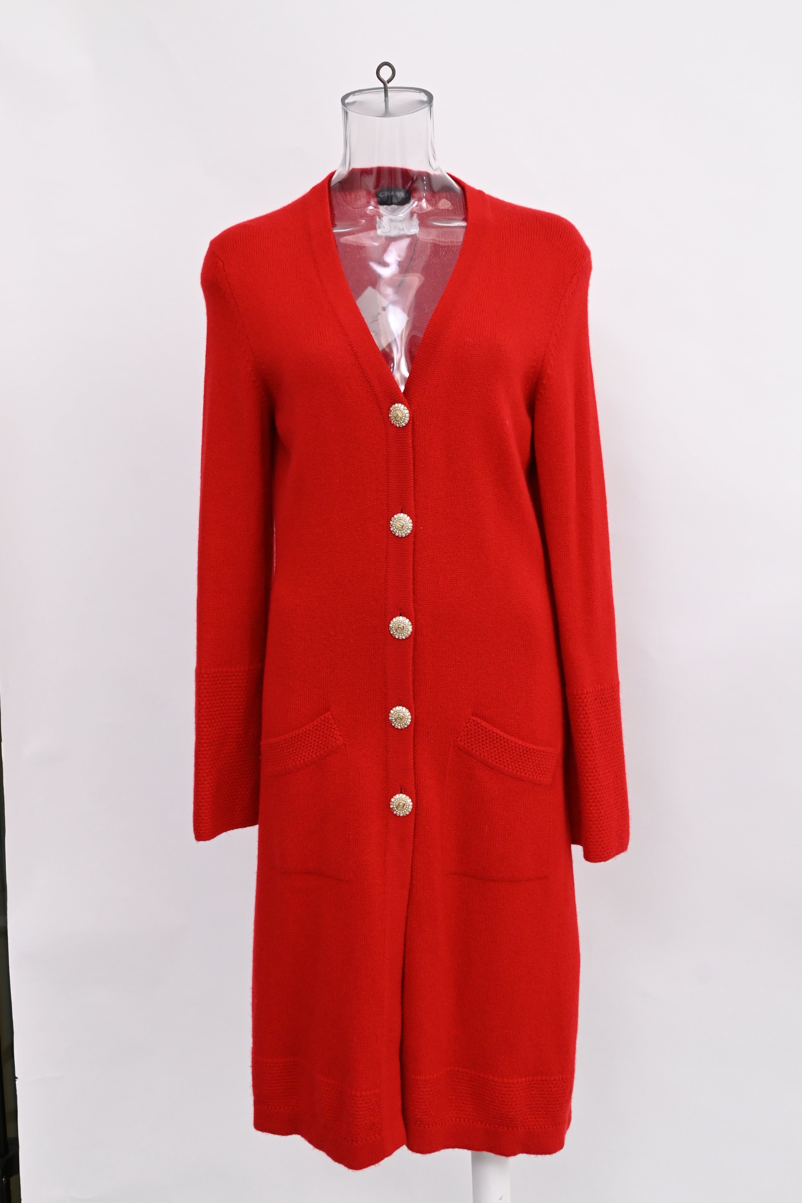 Women's Chanel Button-Down Knitted Long Cardigan in Red Cashmere