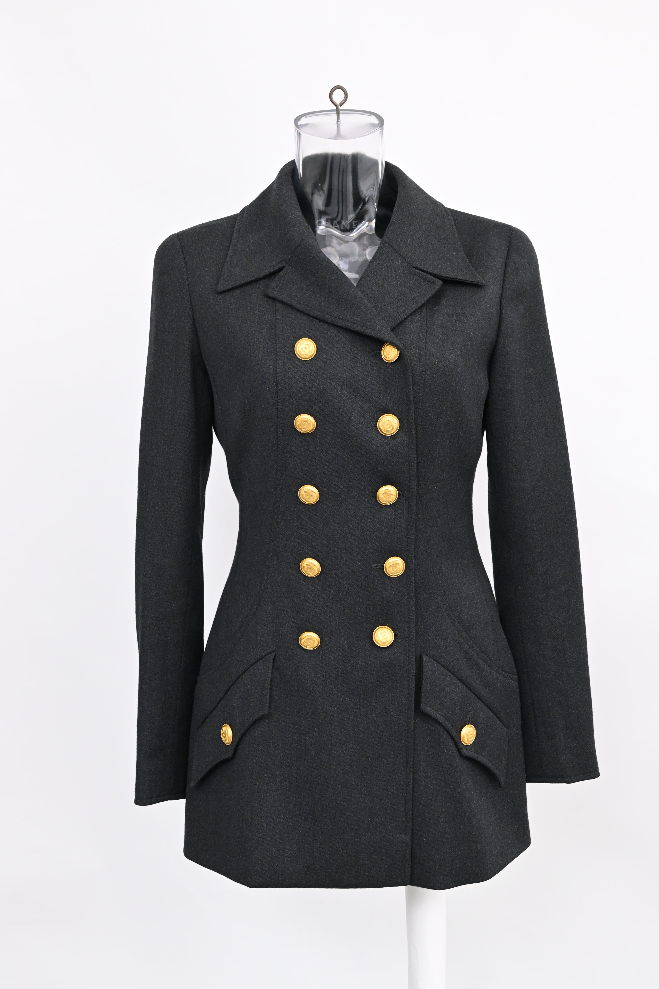 Women's Chanel Boutique Double-Breasted Peacoat in Black Wool