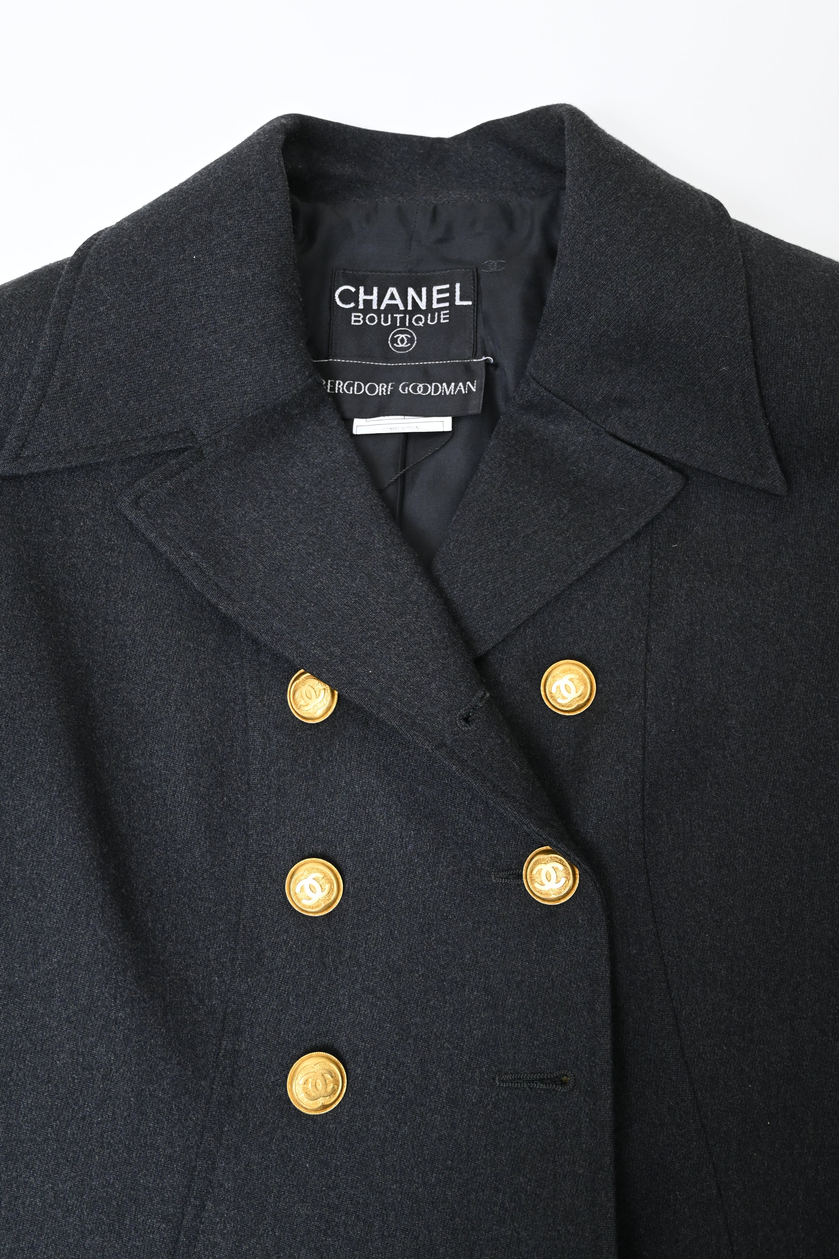 Women's Chanel Boutique Double-Breasted Peacoat in Black Wool