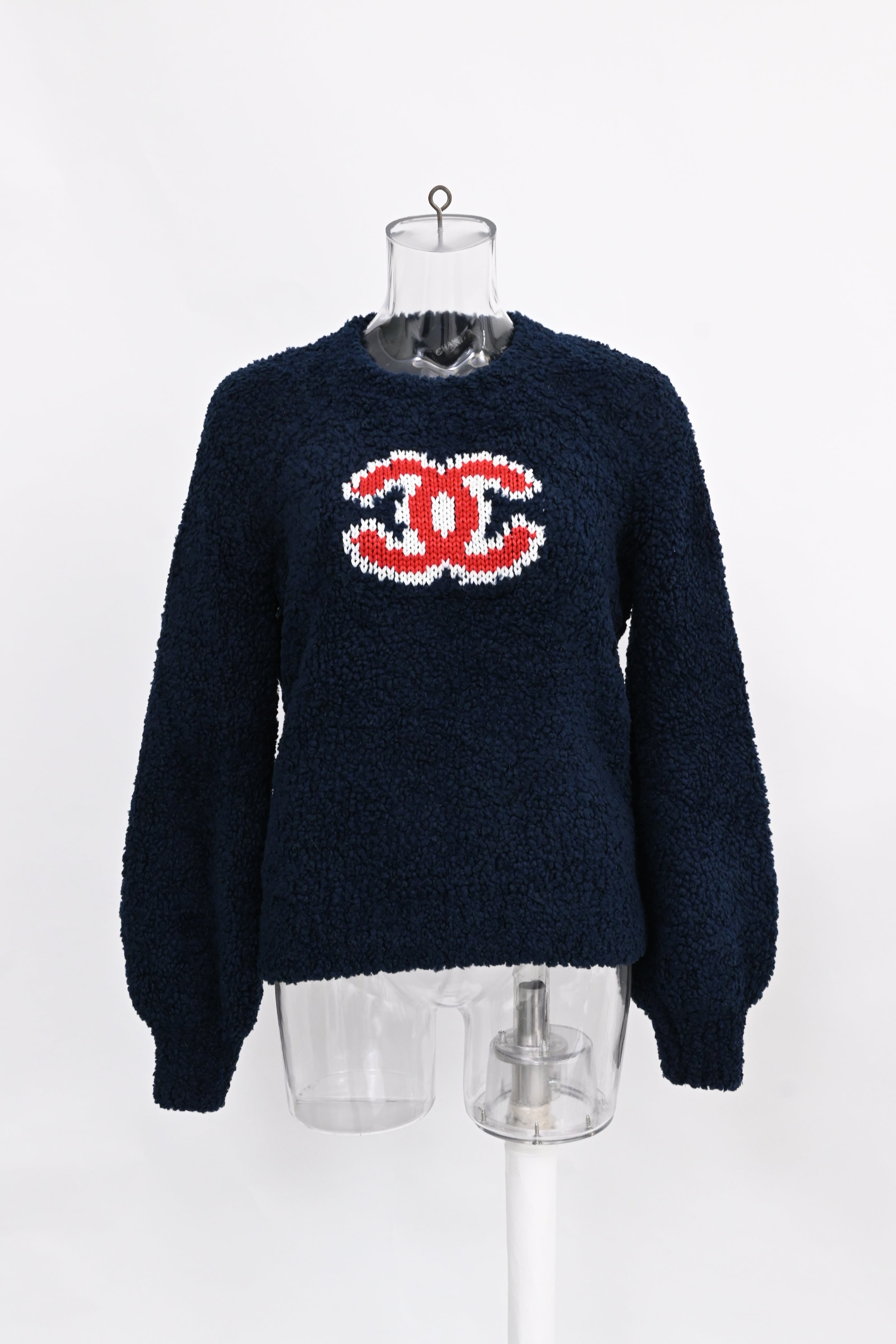 Women's Chanel CC Embroidered Sheared Sweater in Navy Blue Wool
