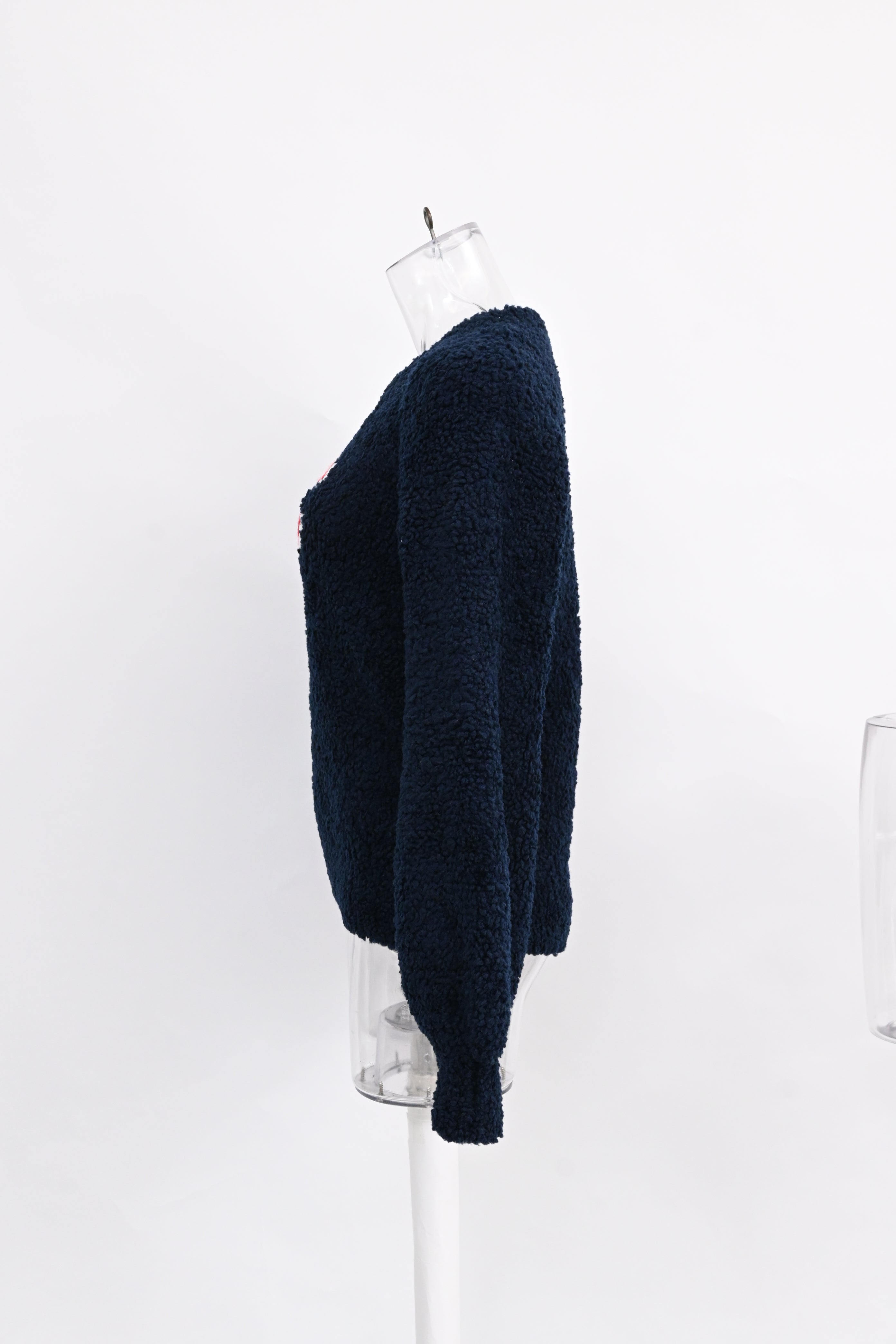 Women's Chanel CC Embroidered Sheared Sweater in Navy Blue Wool