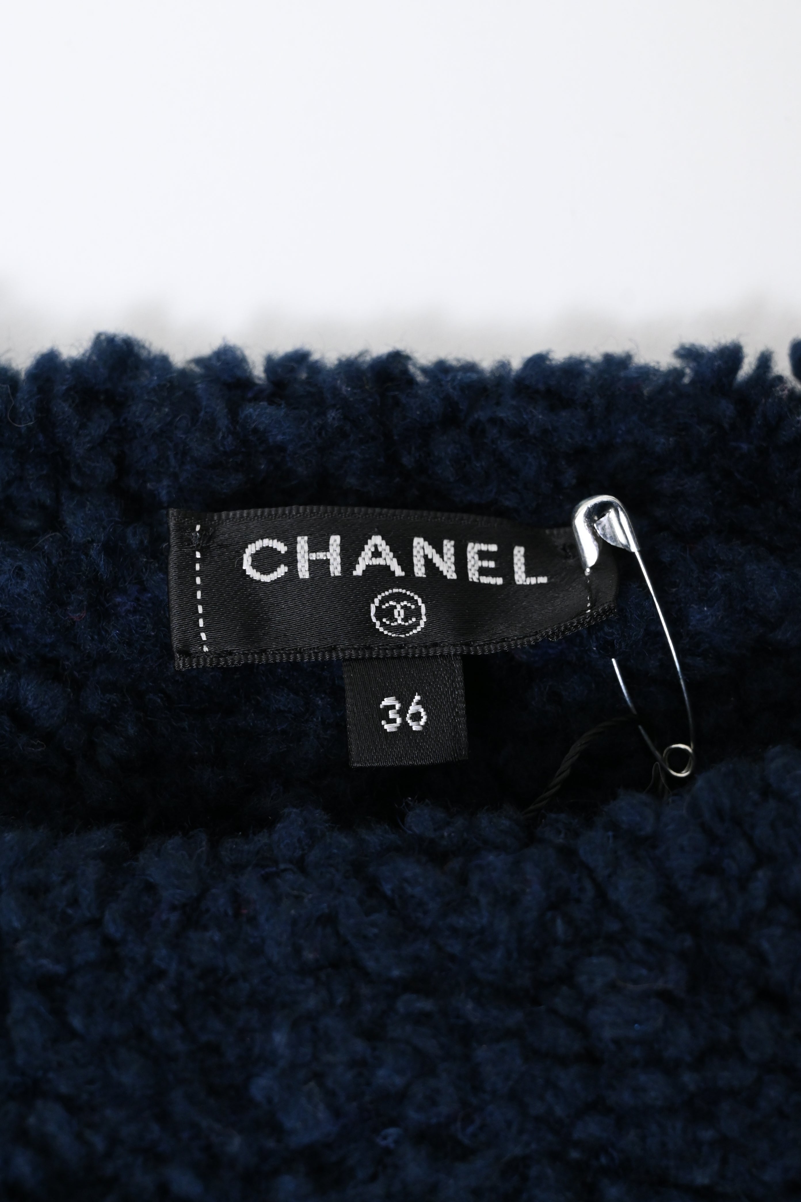 Women's Chanel CC Embroidered Sheared Sweater in Navy Blue Wool