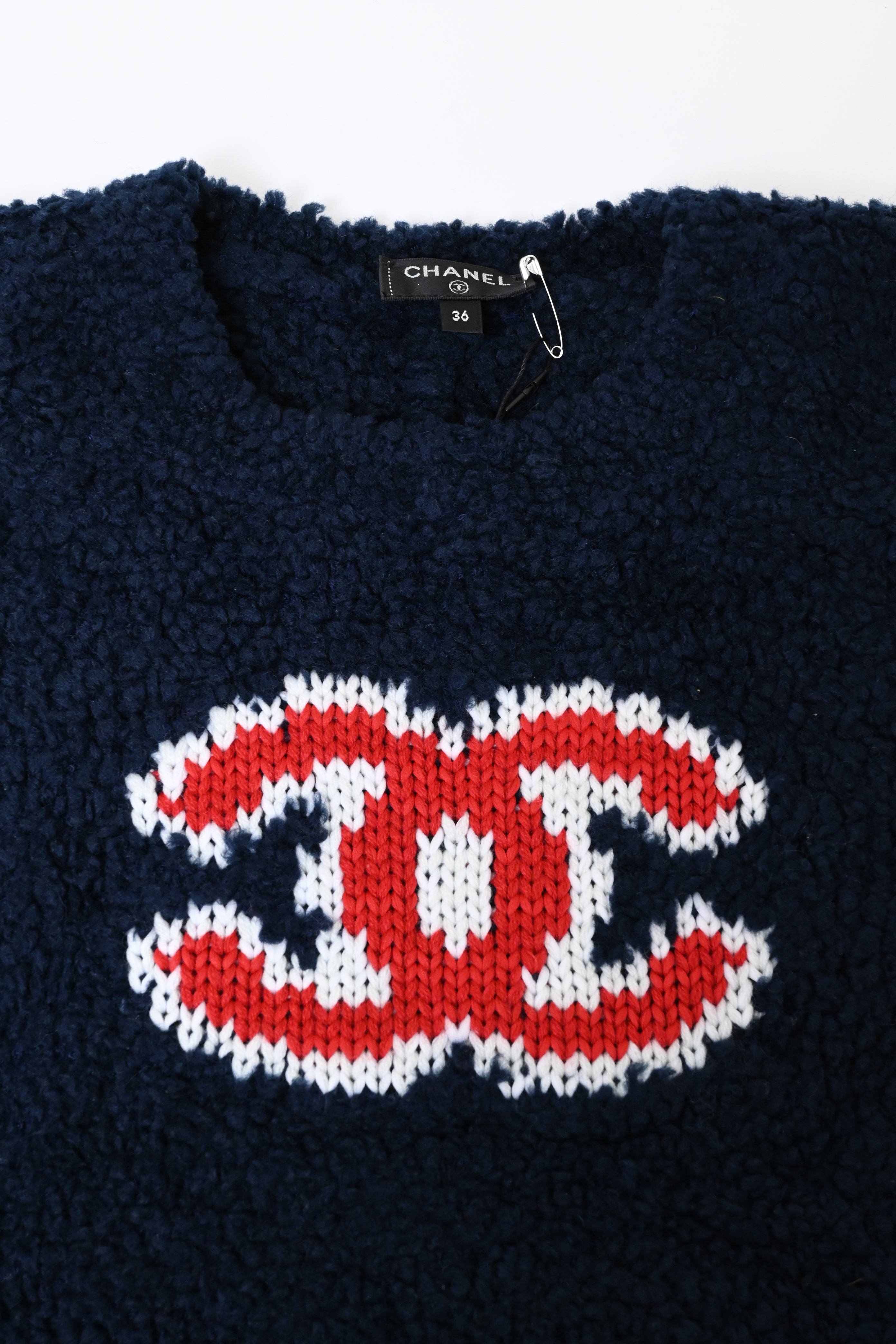 Women's Chanel CC Embroidered Sheared Sweater in Navy Blue Wool