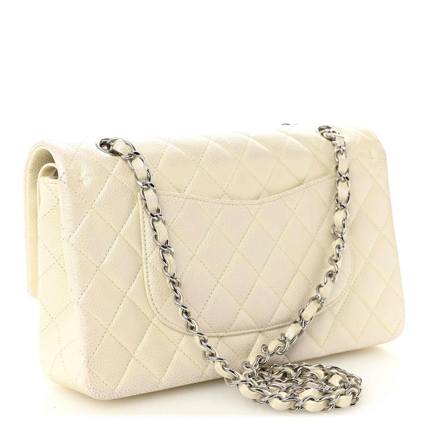 Iridescent Caviar Quilted Medium Double Flap White