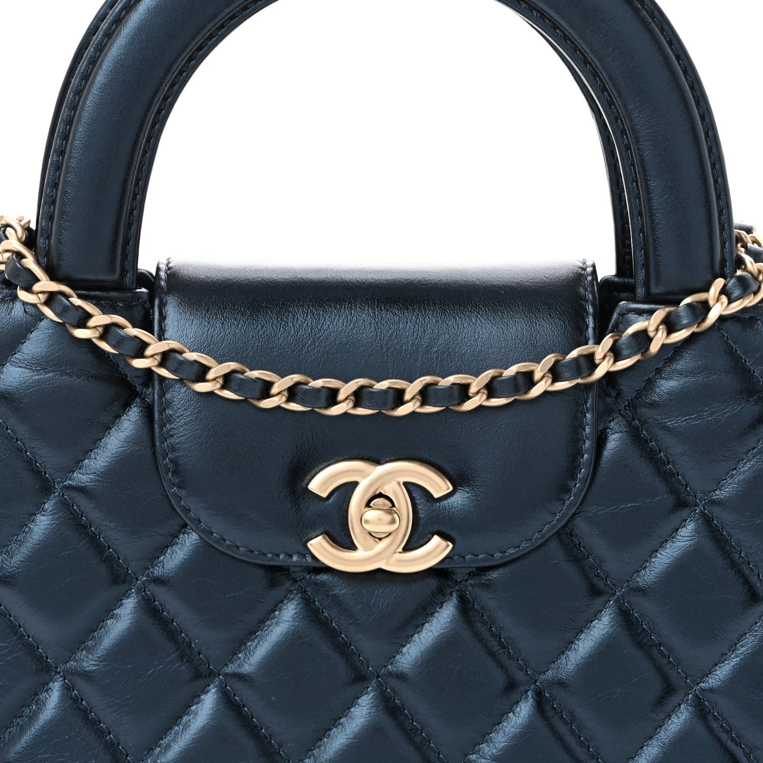 Metallic Aged Calfskin Quilted Nano Kelly Shopper Navy