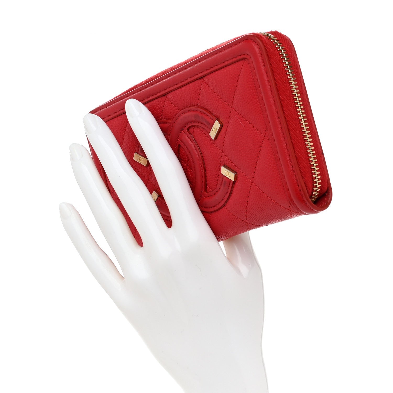 Caviar Quilted Medium Filigree Zip Around Wallet Dark Red