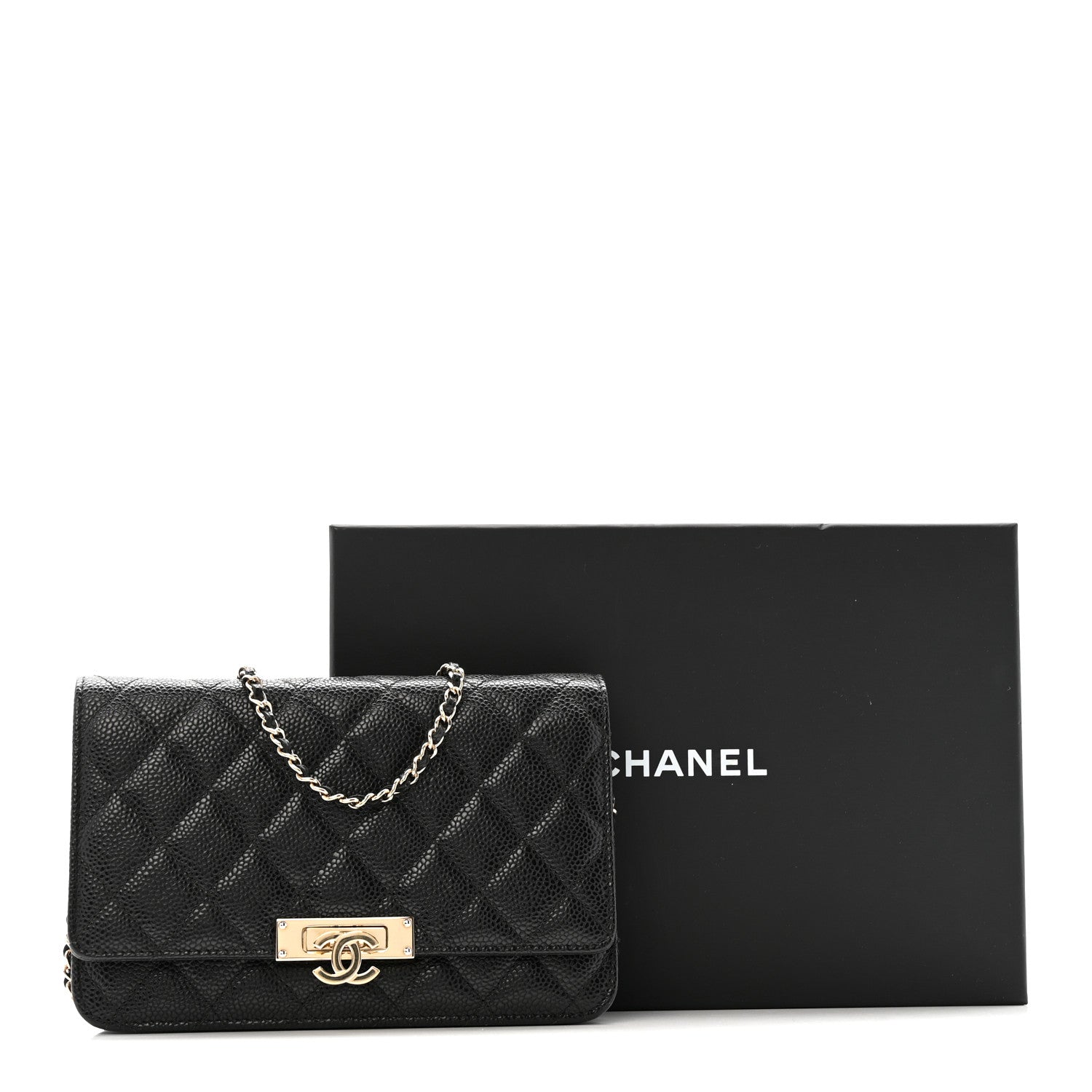 Caviar Quilted Golden Class Wallet On Chain WOC Black