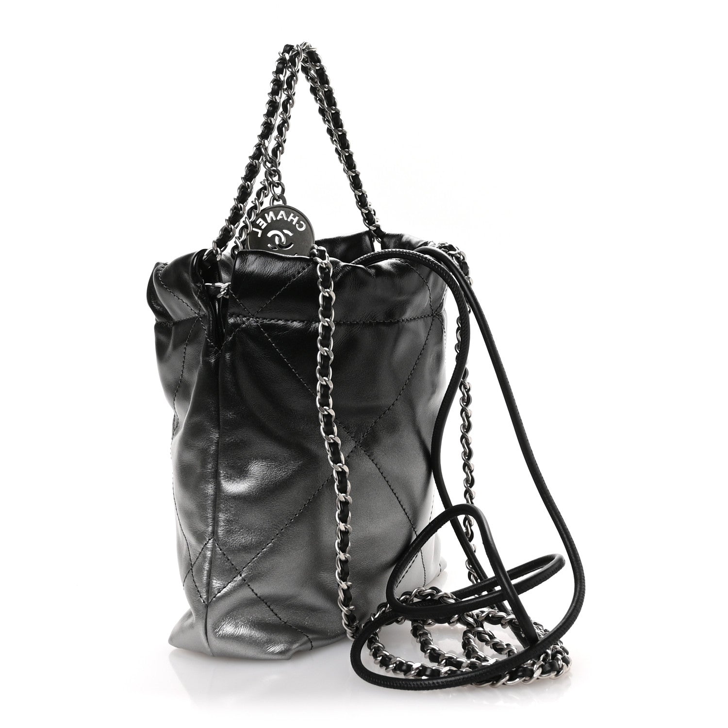 Metallic Shaded Calfskin Quilted Mini Chanel 22 Black Silver