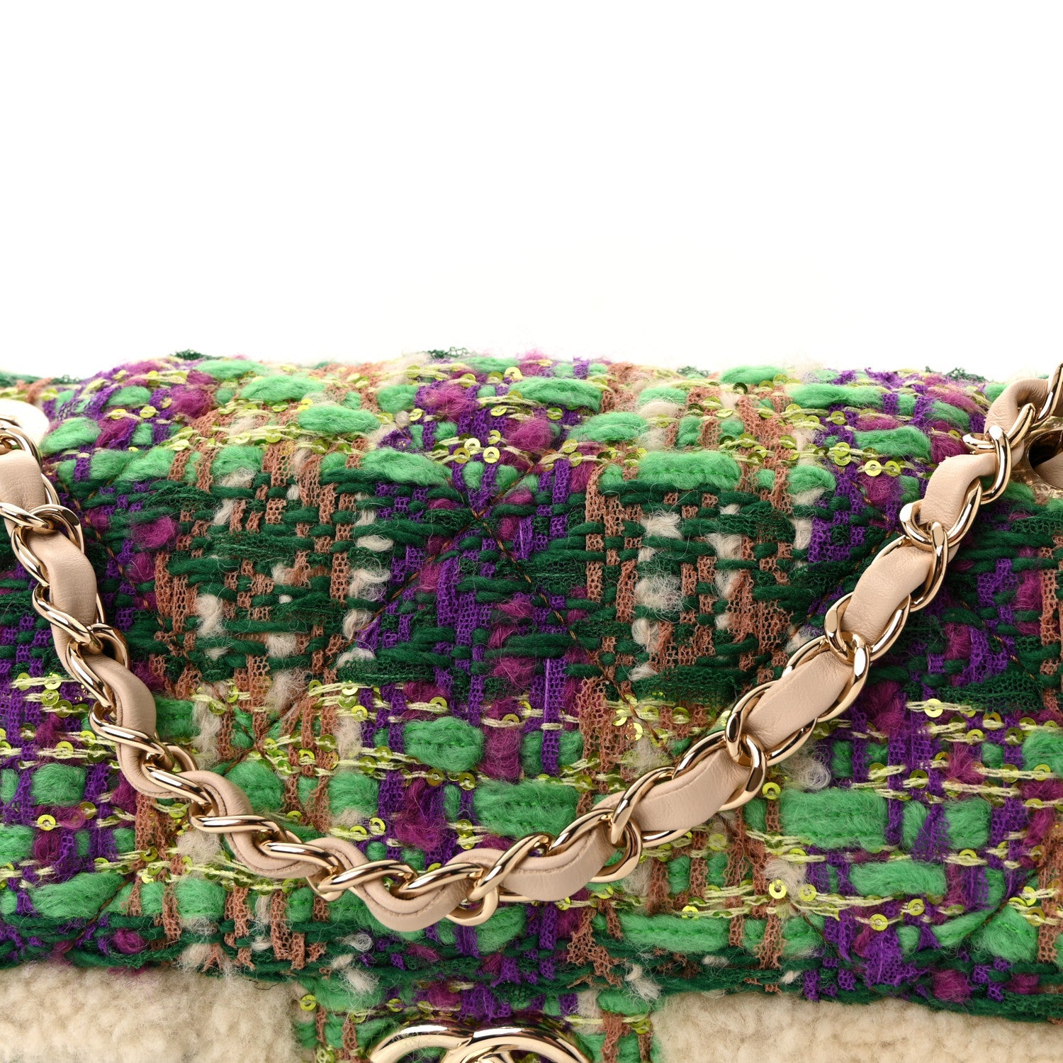 Tweed Shearling Large Flap Bag Green Purple Ecru Brown
