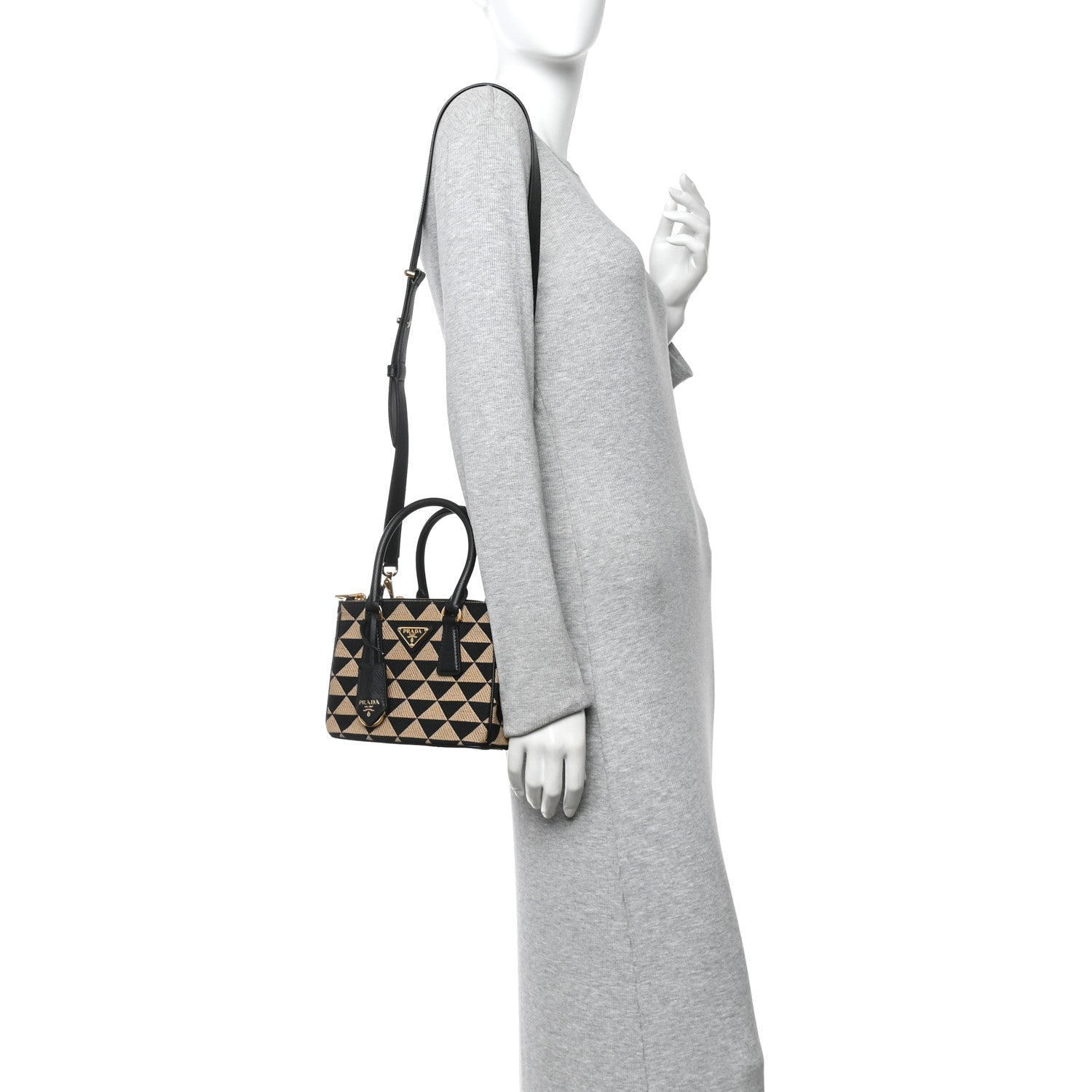 Jacquard Saffiano Triangolo Symbole Embroidered Mini Galleria Double Zip Tote Black Corda