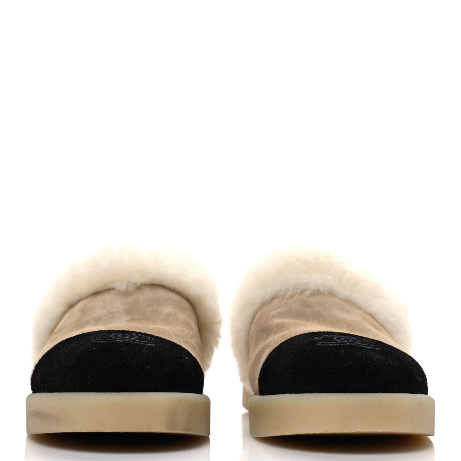 Suede Shearling CC Cap Toe Mules 41 Beige Black