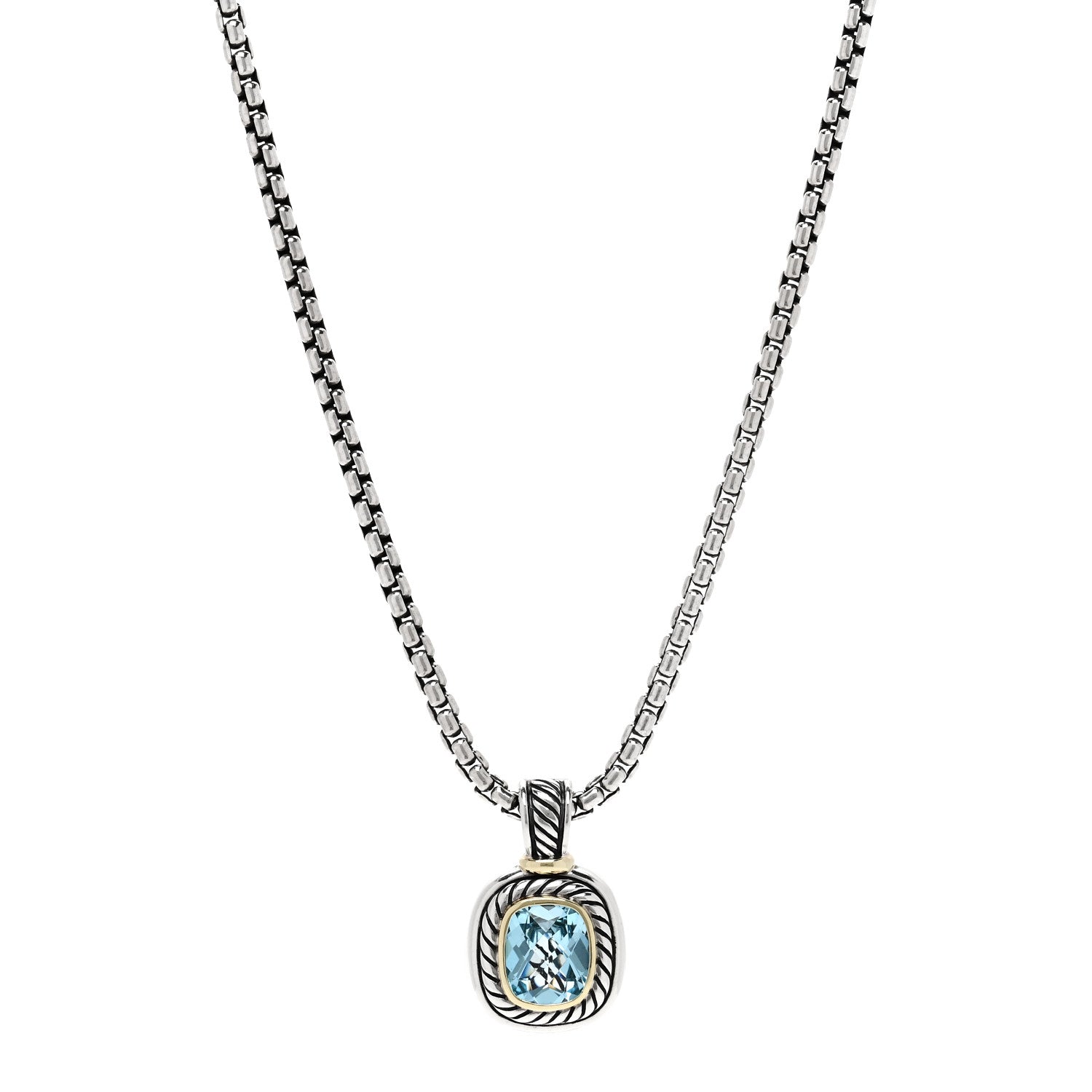 Sterling Silver 14K Yellow Gold Blue Topaz 12mm Albion Pendant Box Chain Necklace