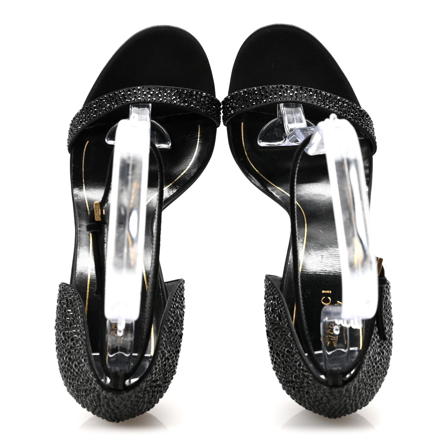 Suede Satin Crystal Ankle Strap High Heel Sandals 39.5 Black