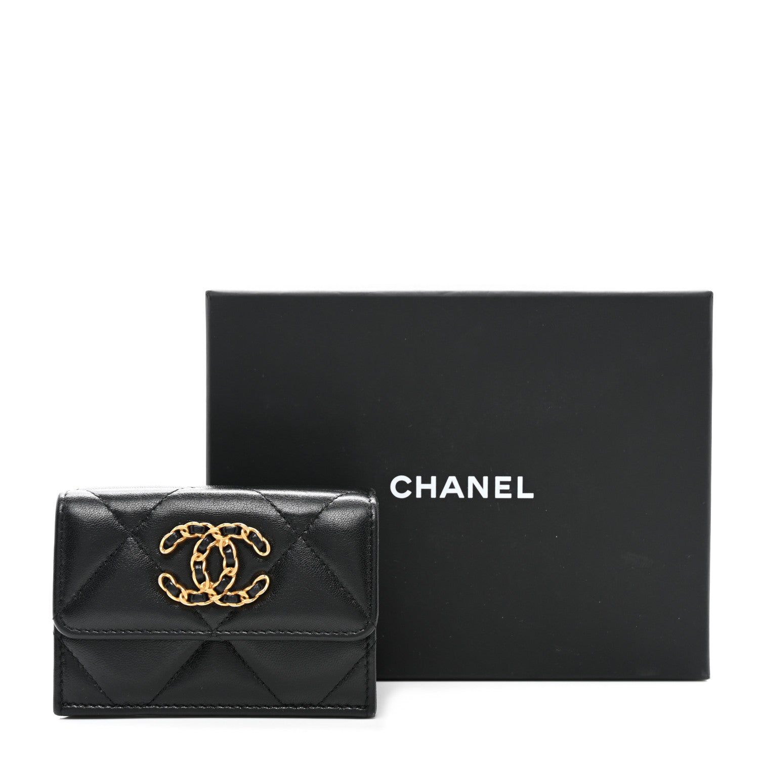 Lambskin Quilted Chanel 19 Flap Card Holder Black