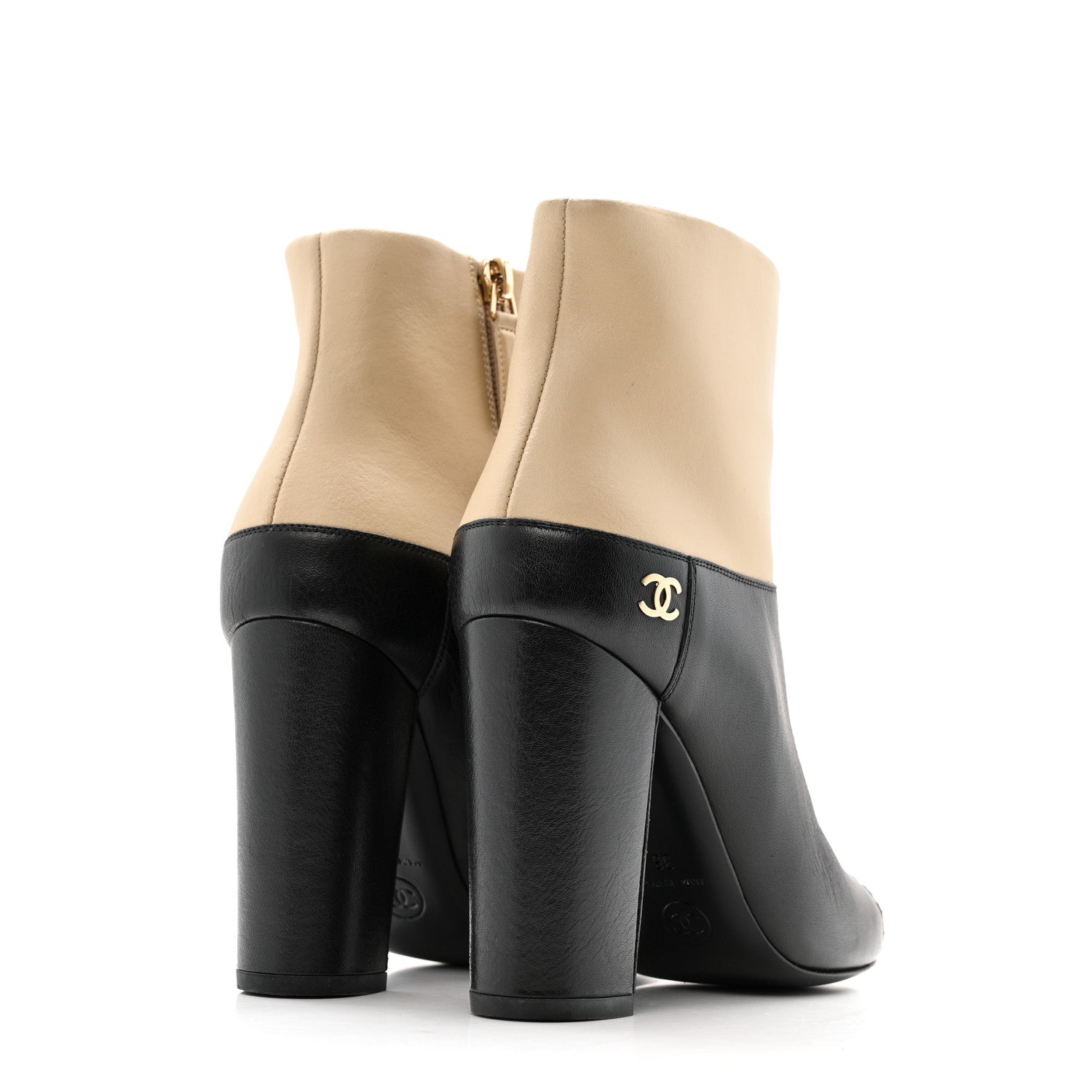 Tumbled Calfskin CC Short Boots 36 Beige Black