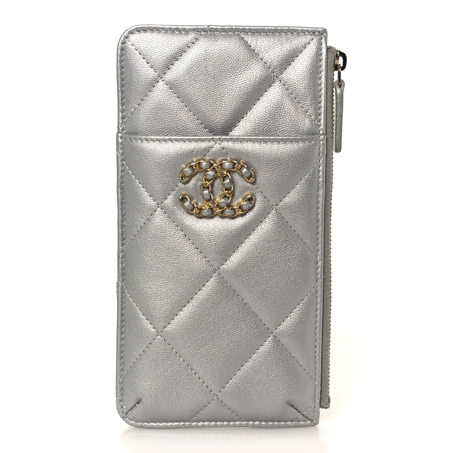 Lambskin Quilted Chanel 19 Phone and Card Holder Silver