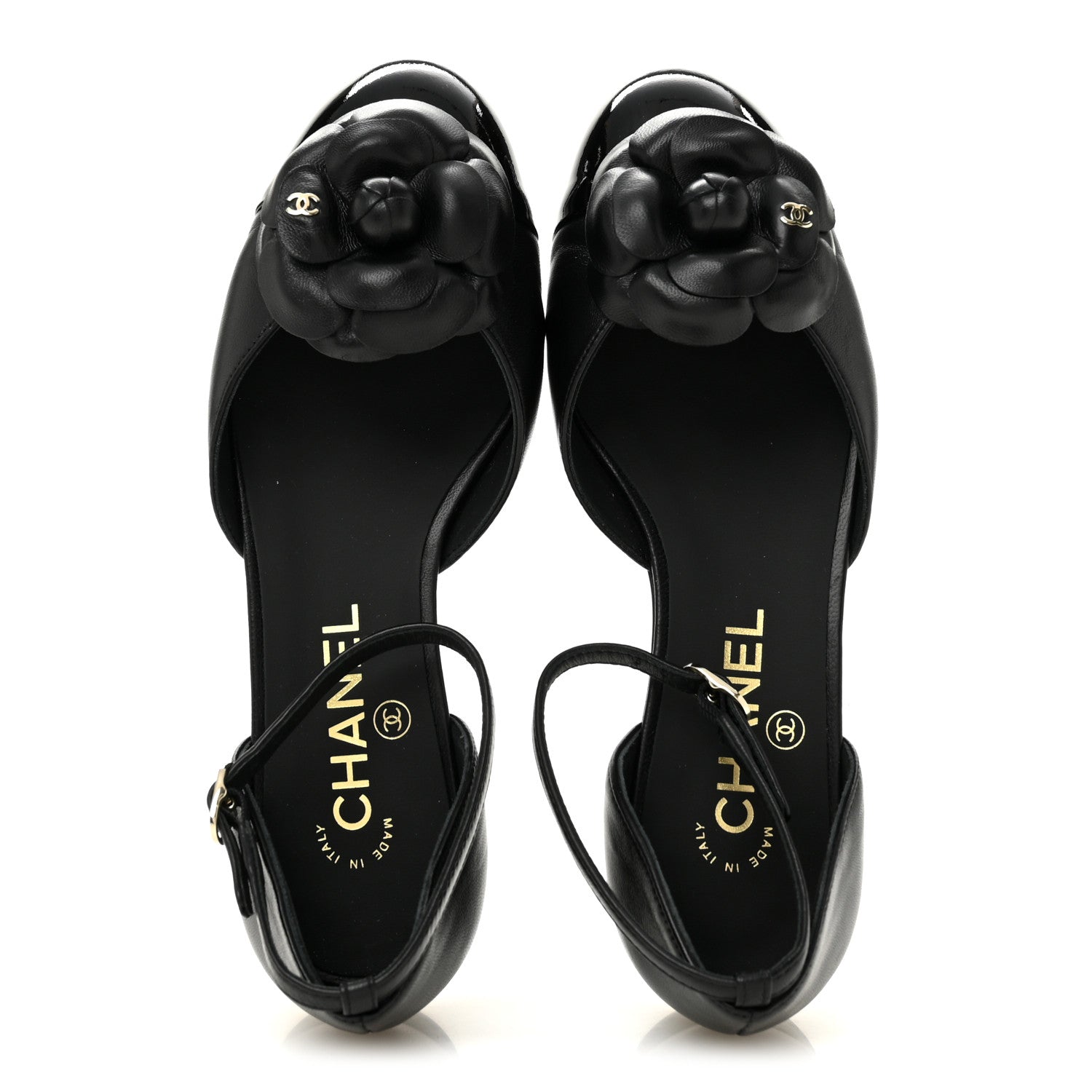 Lambskin Patent Calfskin Cap Toe Camellia Mary Jane Flats 36 Black