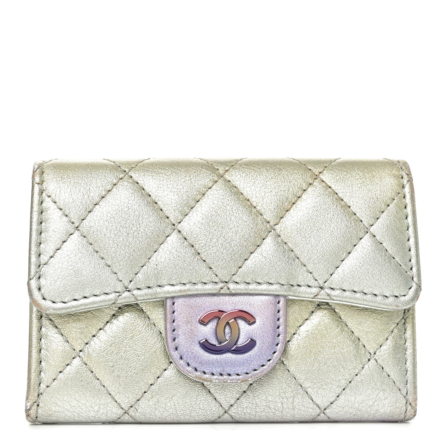 Gradient Metallic Calfskin Quilted Flap Card Holder Wallet Silver Blue Yellow Purple