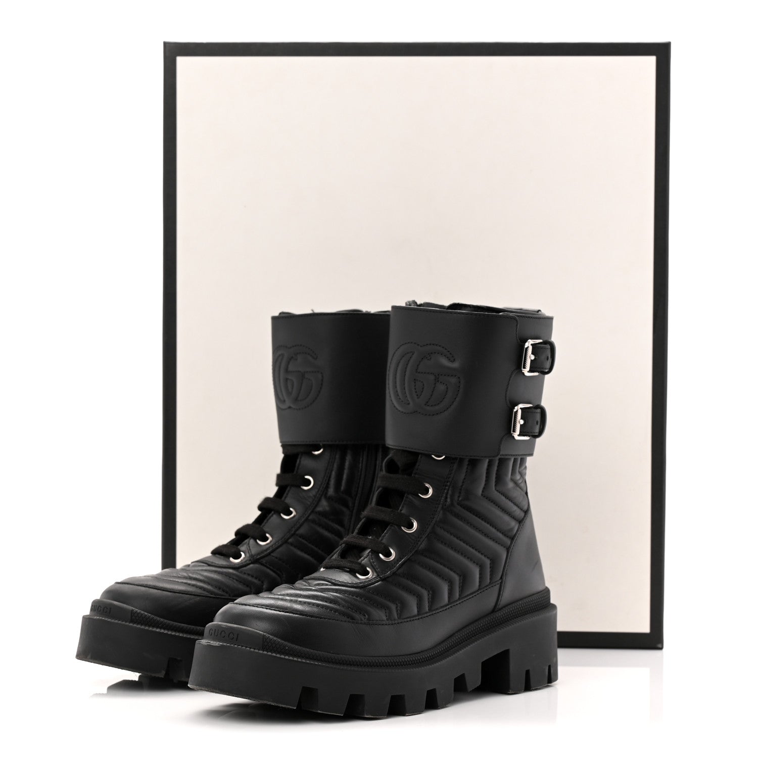 Nappa Frances GG Matelasse Platform Combat Boots 36 Black