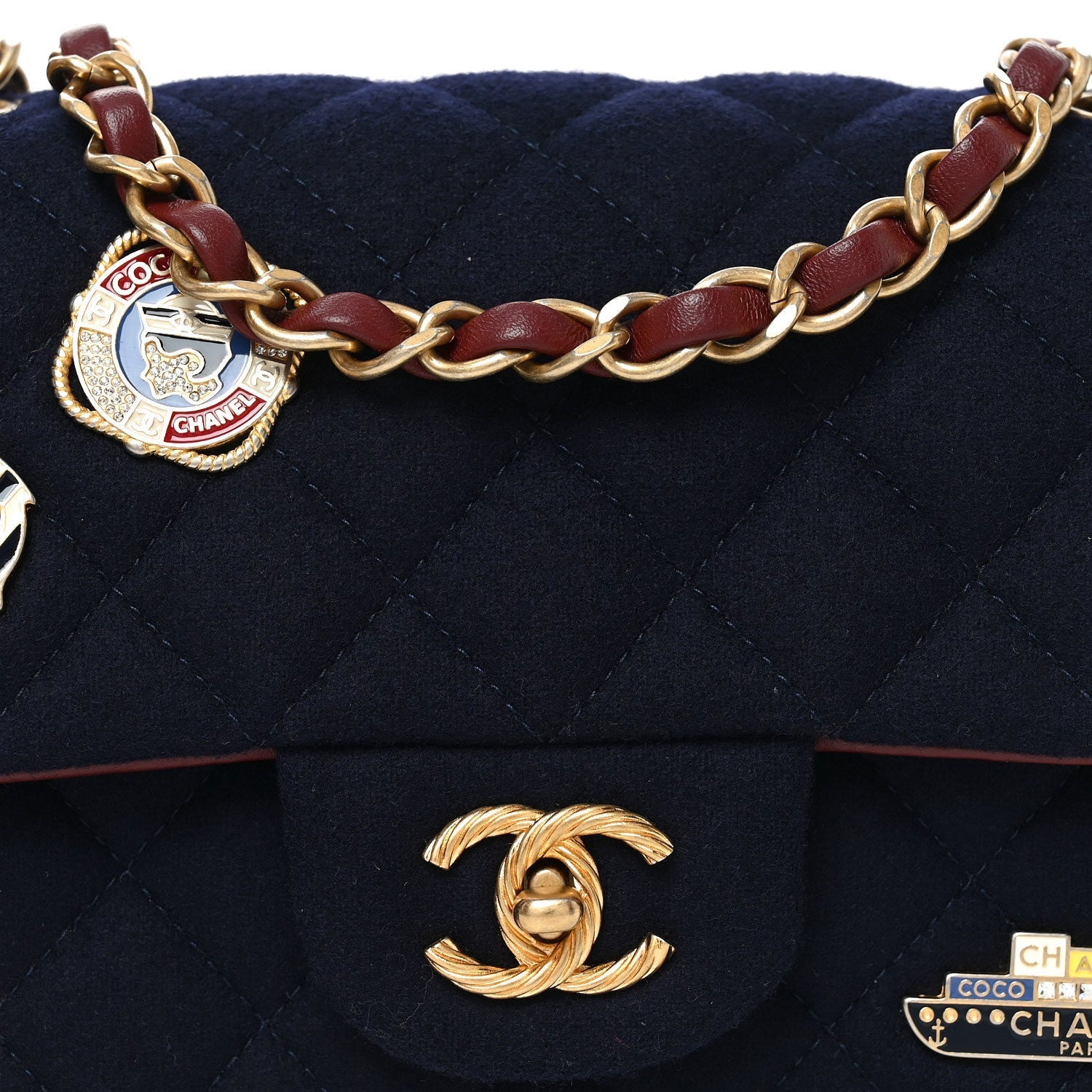 Felt Quilted Paris-Hamburg Charms Mini Rectangular Flap Black Dark Navy
