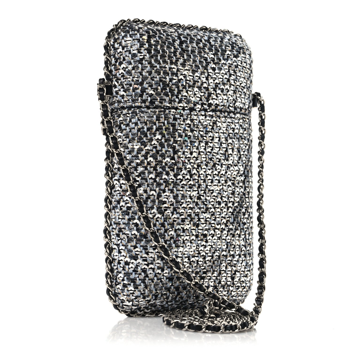 Tweed Sequin Chain Around Phone Holder Silver Black