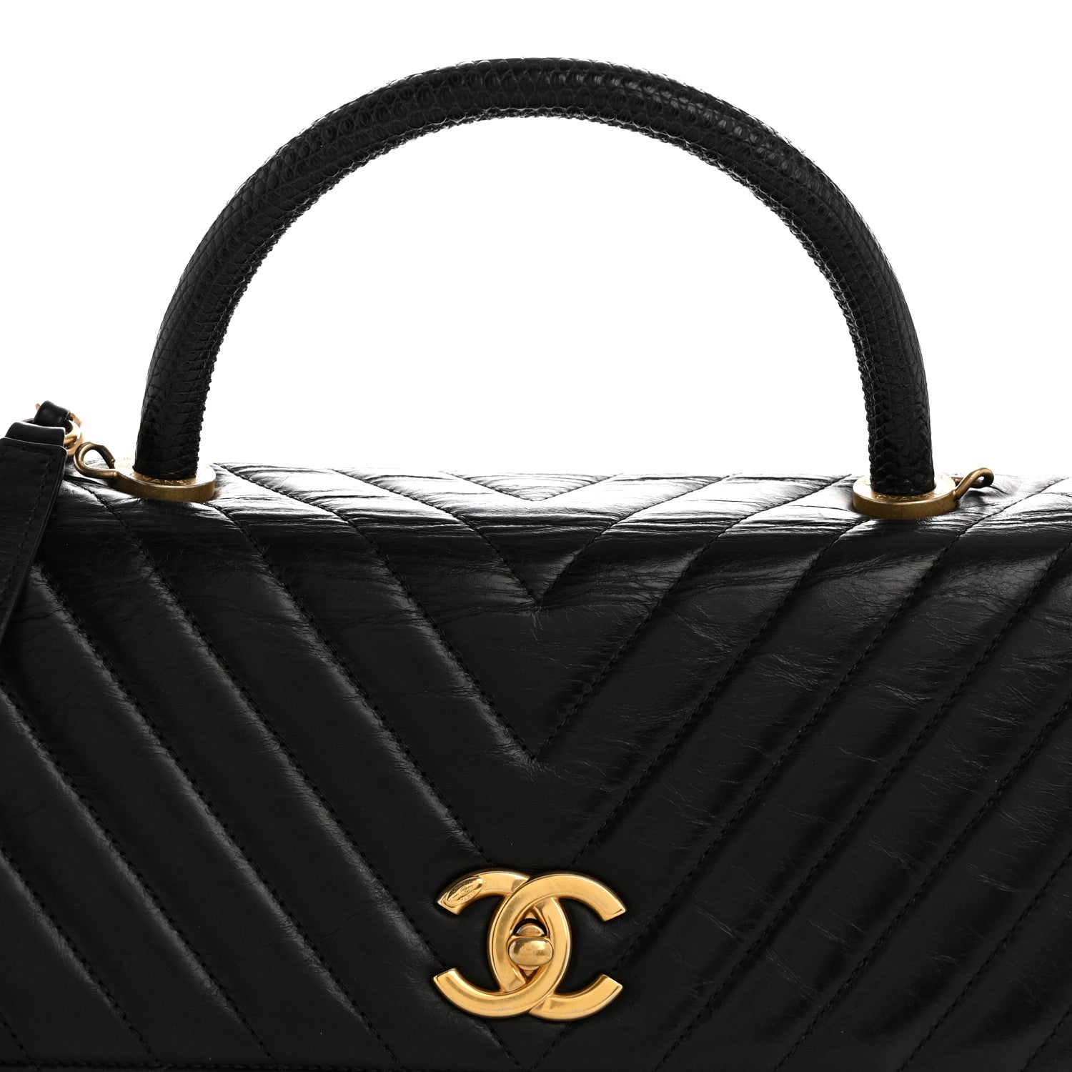 Calfskin Lizard Chevron Quilted Medium Coco Handle Flap Black