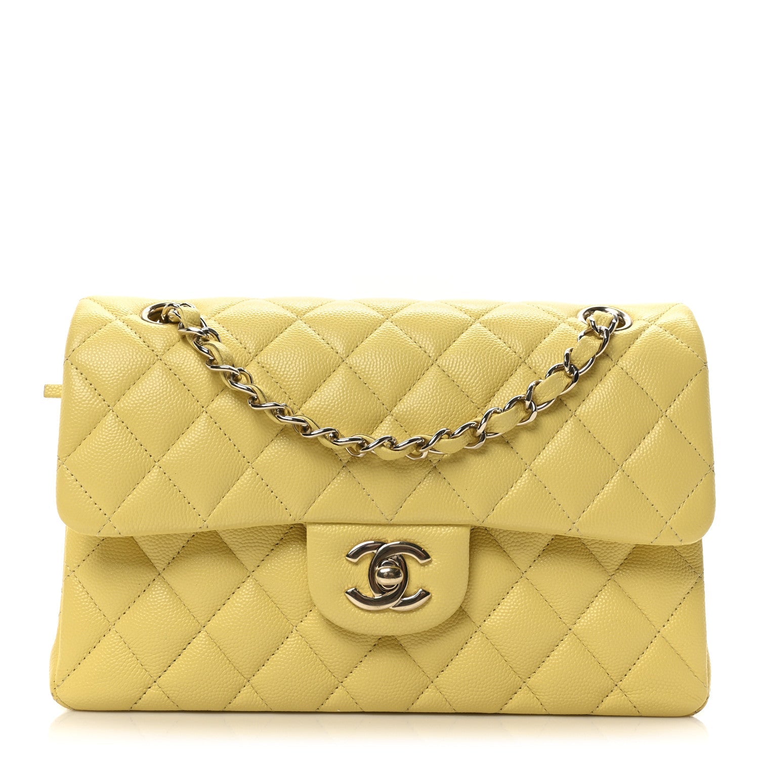Caviar Quilted Small Double Flap Light Yellow