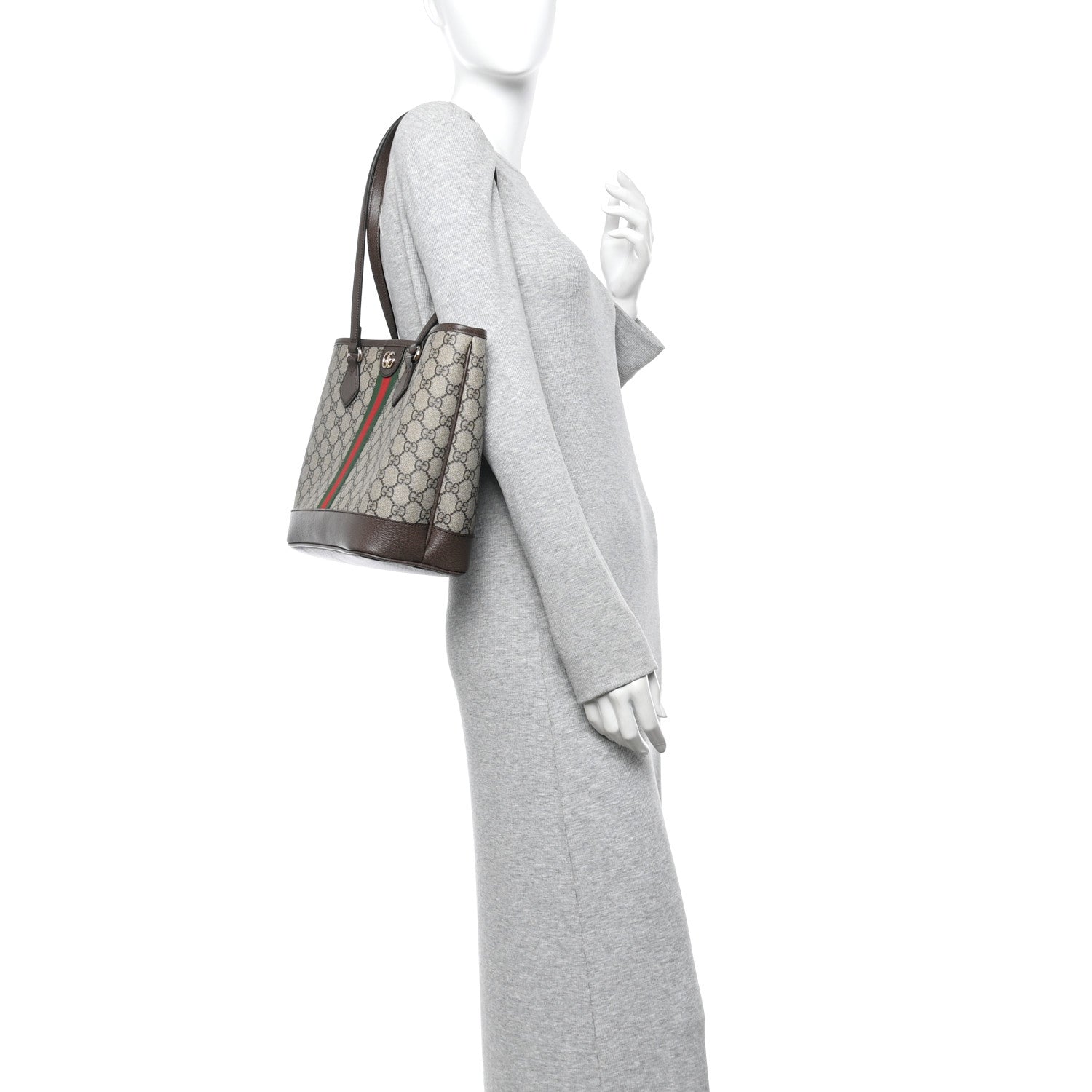 GG Supreme Monogram Textured Calfskin Web Small Ophidia Shoulder Tote Bag Beige Ebony New Acero
