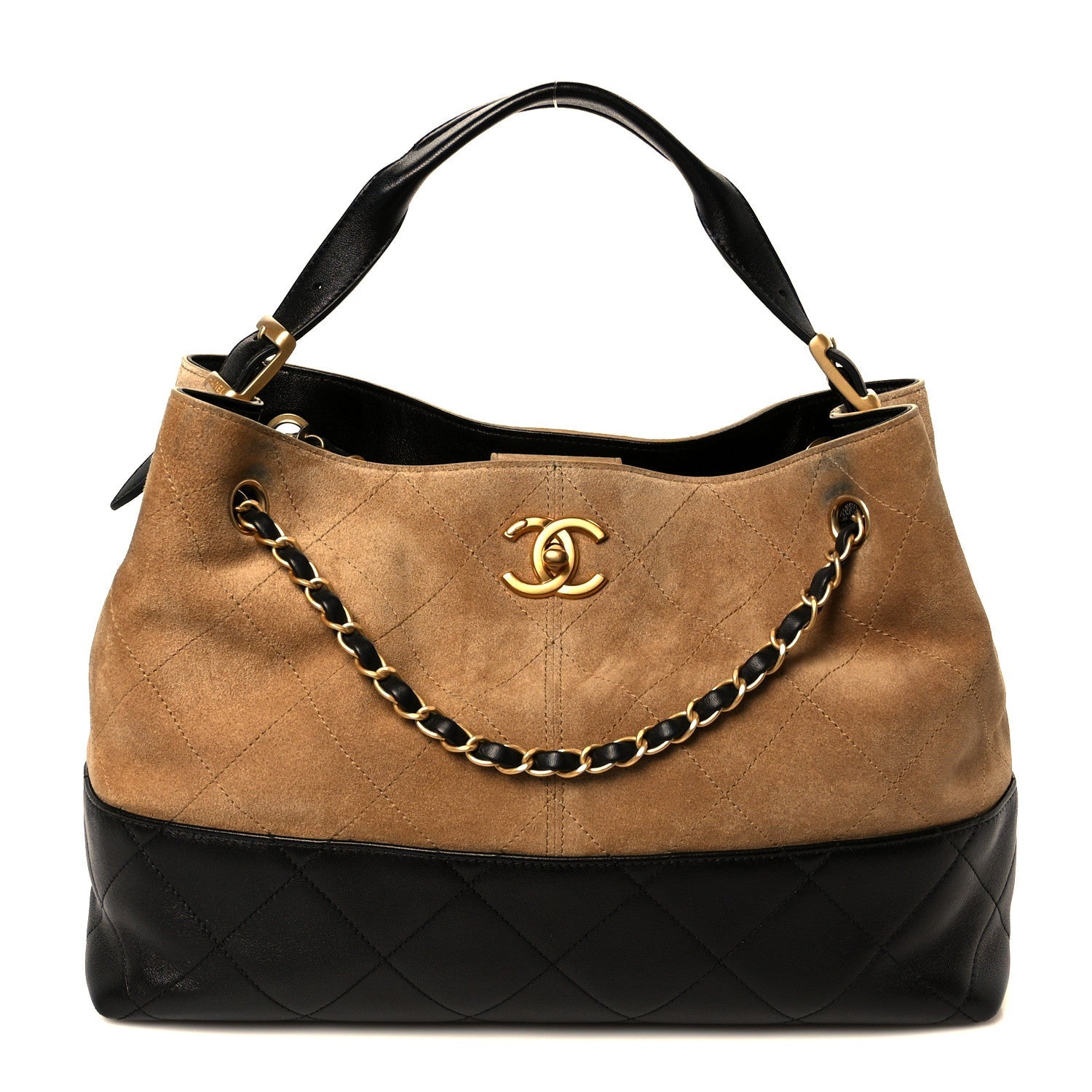 Suede Calfskin Shiny Lambskin Quilted Small Shopping Bag Beige Black