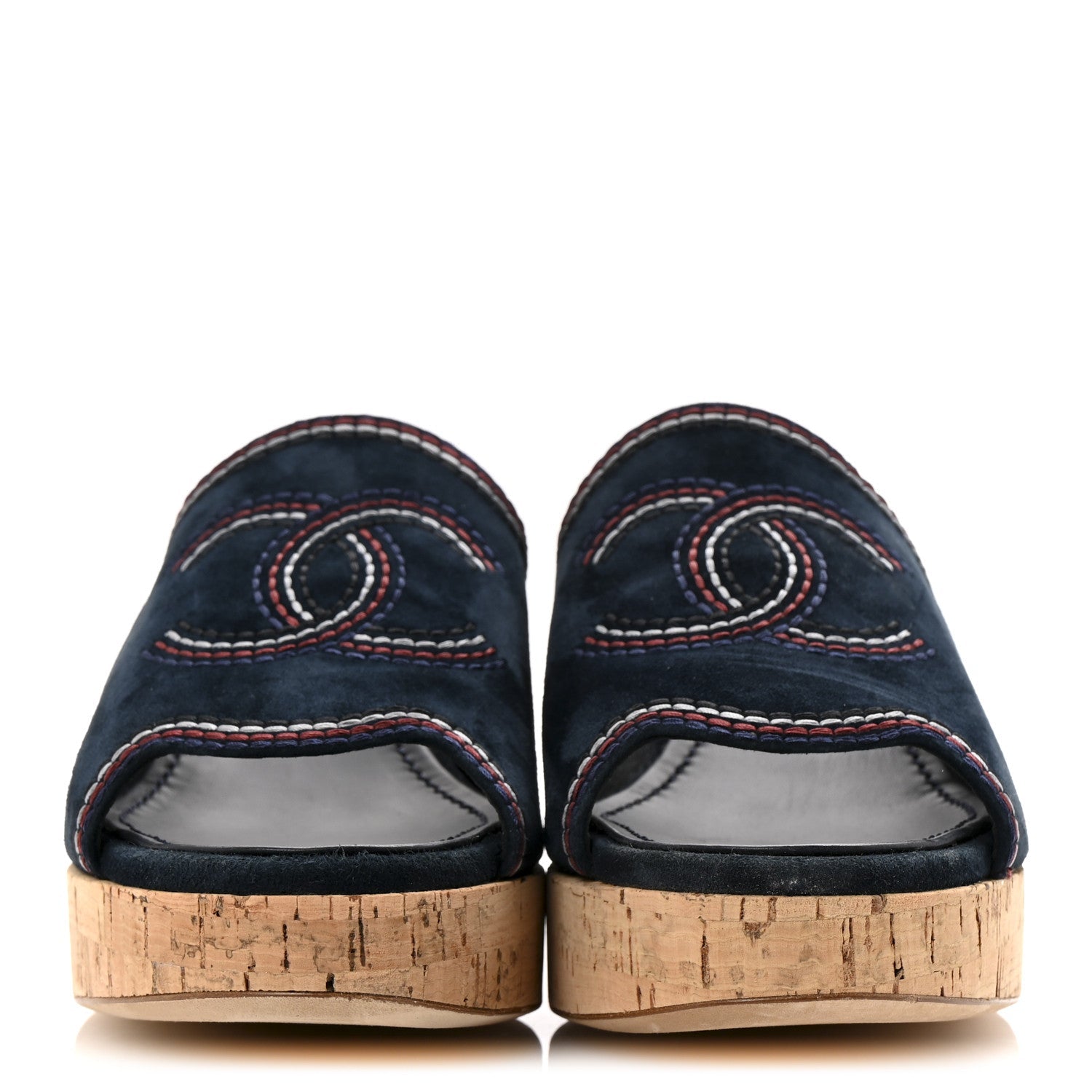 Suede Calfskin Cork CC Wedge Sandal 39 Navy Blue