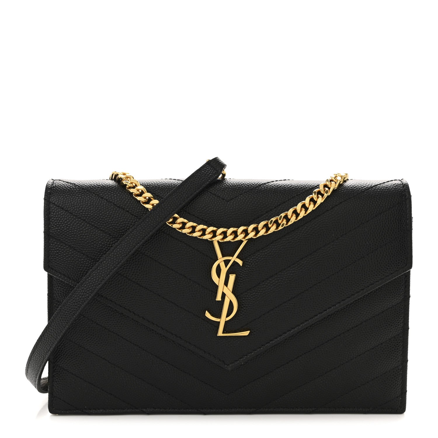 Grain De Poudre Matelasse Chevron Monogram Envelope Chain Wallet Black