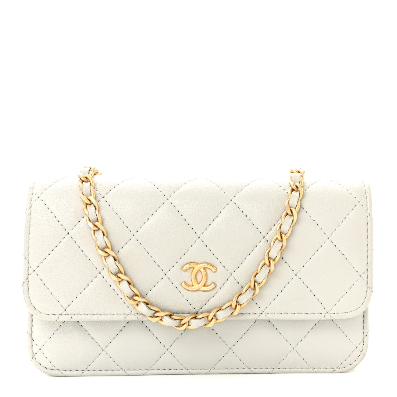Lambskin Pearl Crush Quilted Flap Phone Holder With Chain Light Grey