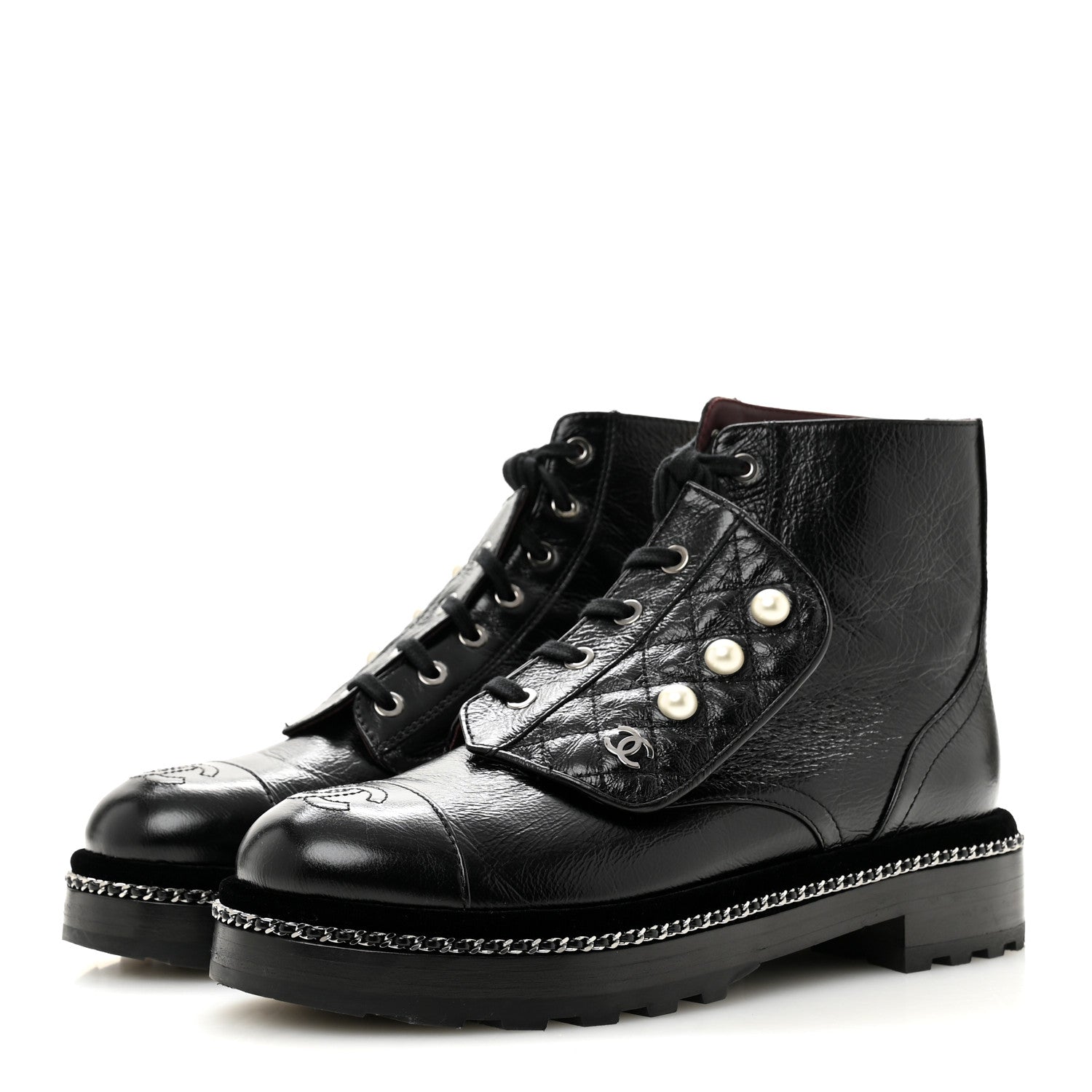 Crackled Calfskin Velvet Pearl Combat Short Boots 38.5 Black